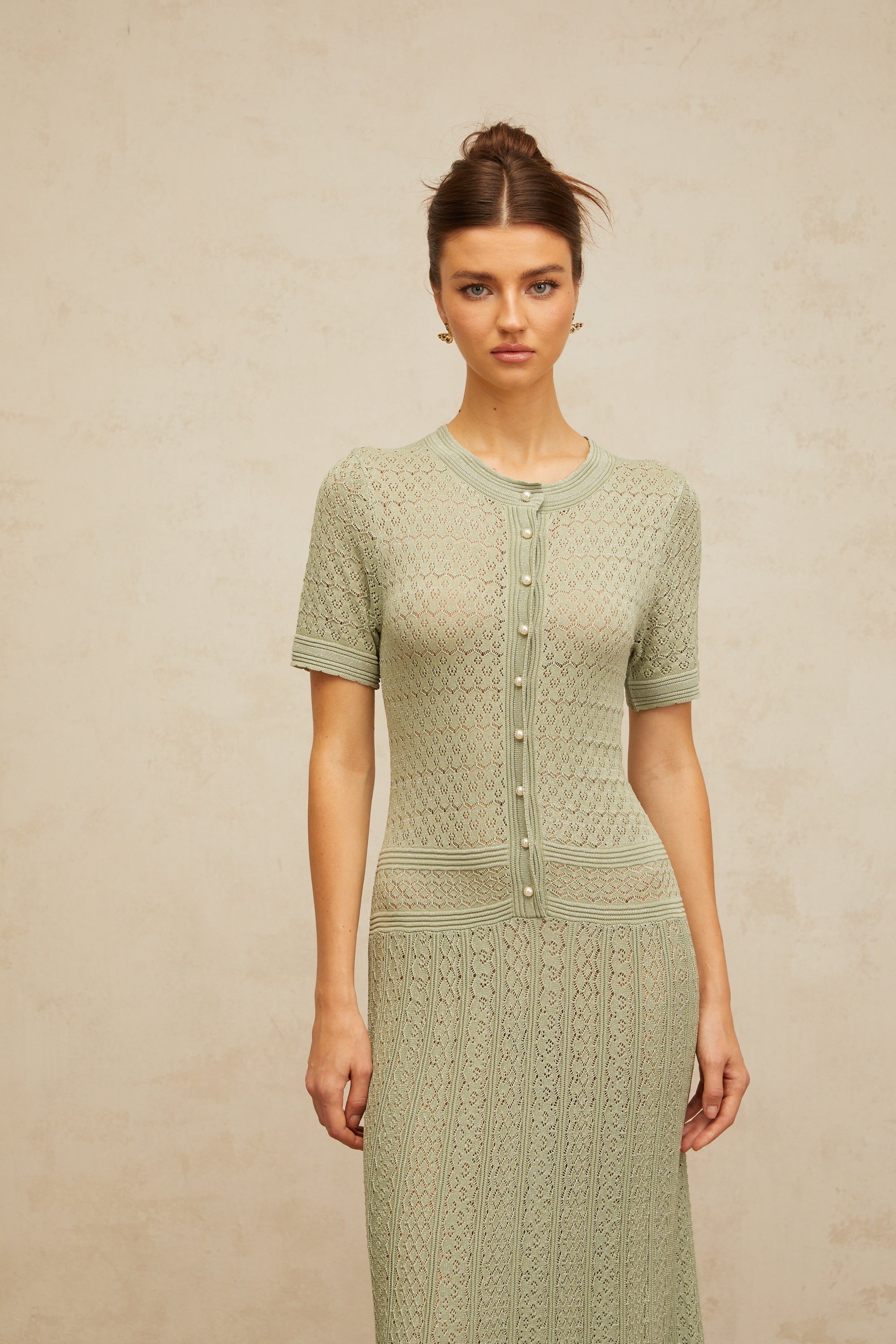 Siena shirred crochet-knit maxi dress