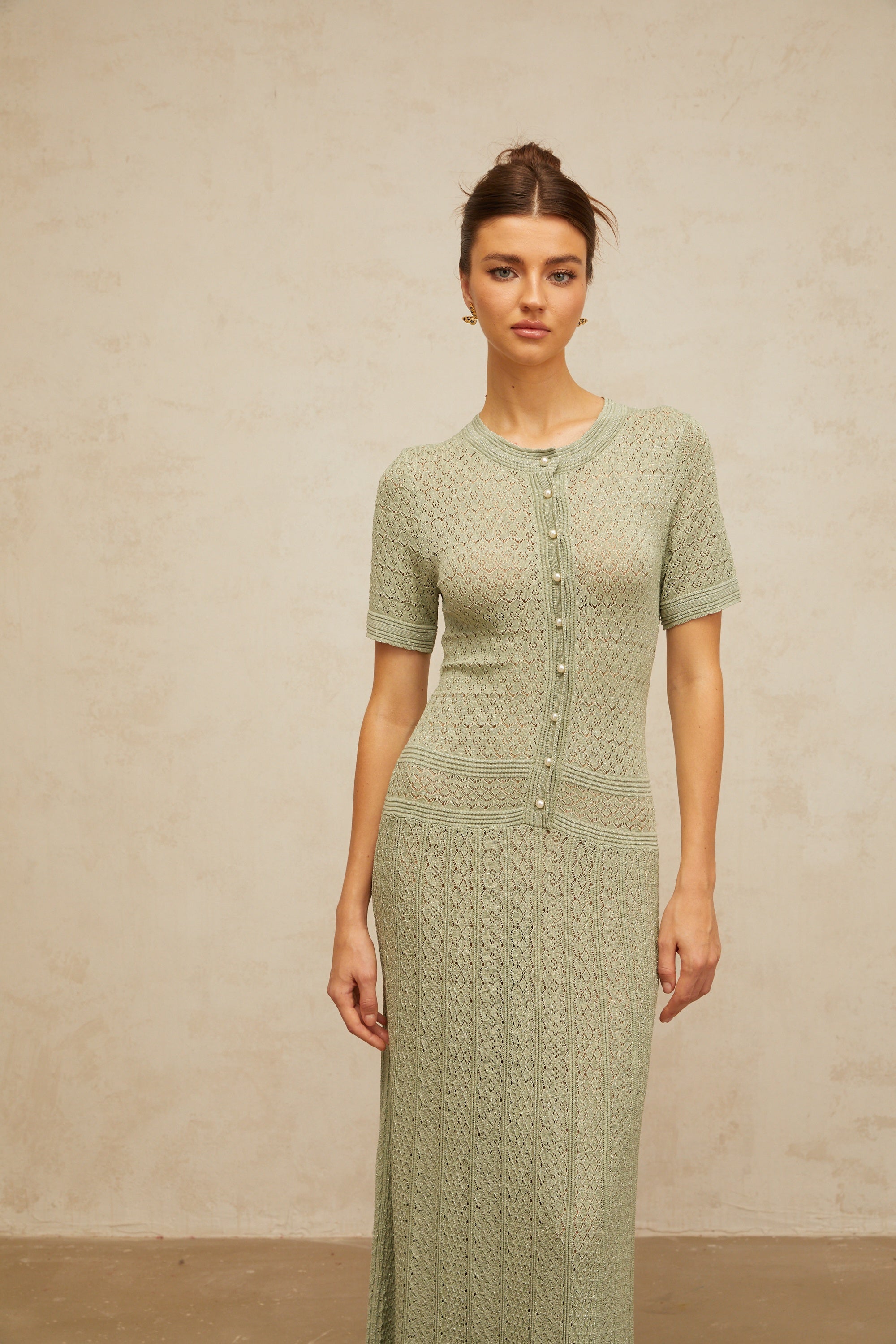 Siena shirred crochet-knit maxi dress