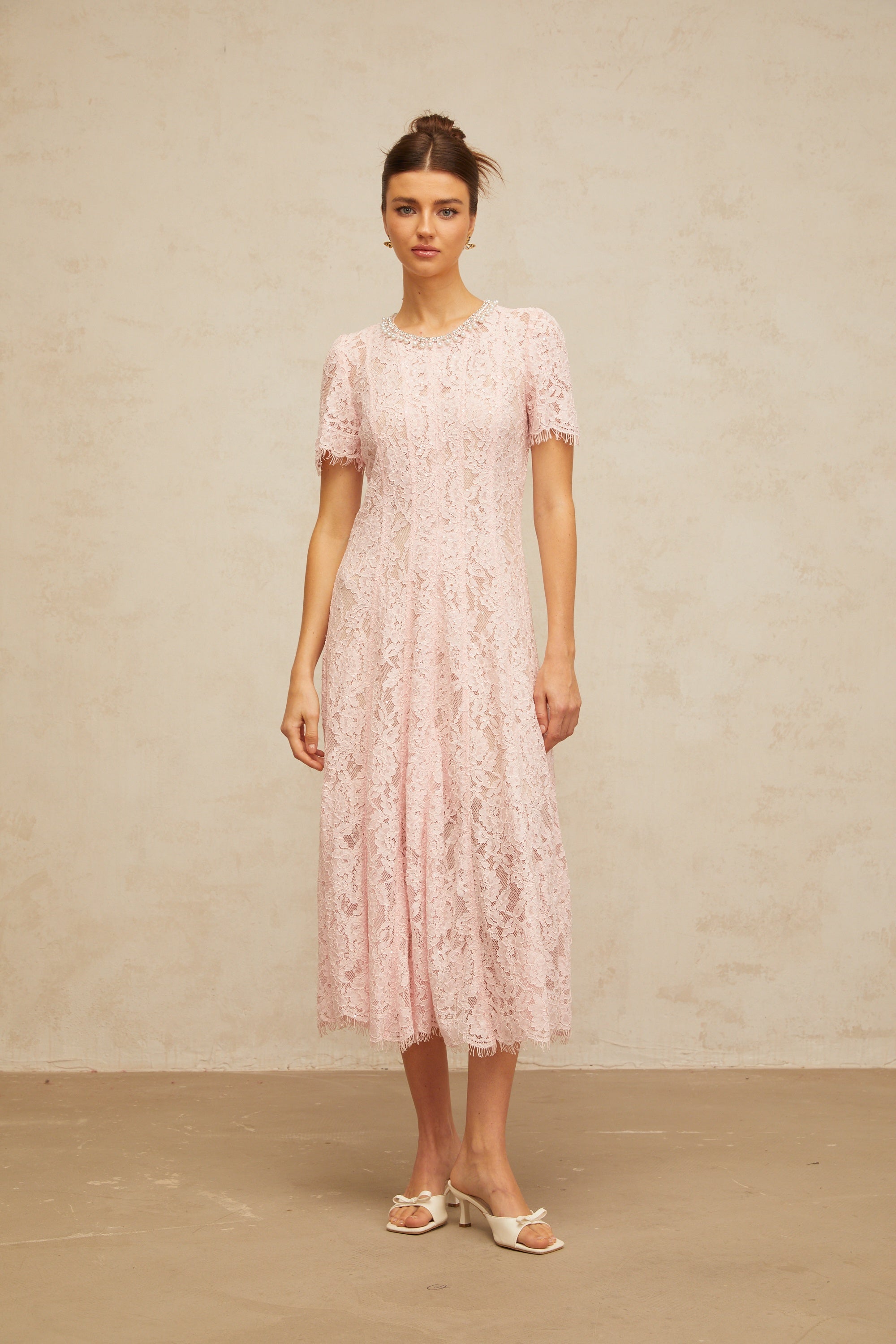 Dulcie pink embellished floral-lace midi dress (Final Sale-US Only)