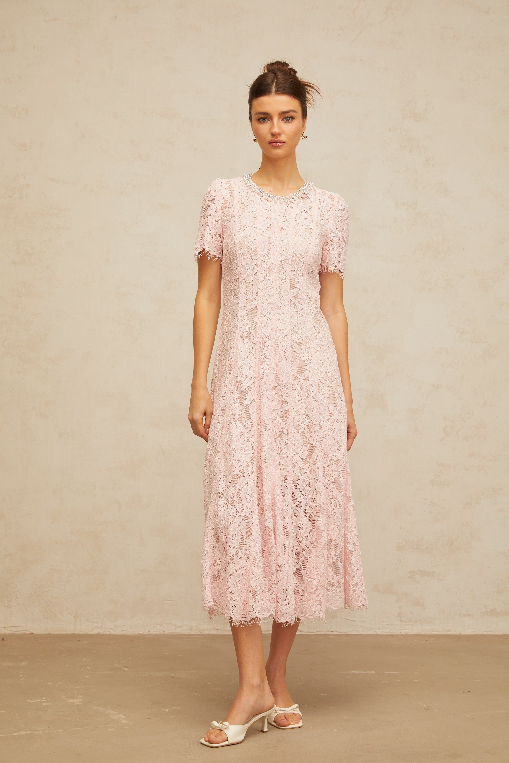Dulcie pink embellished floral-lace midi dress (Final Sale-US Only)