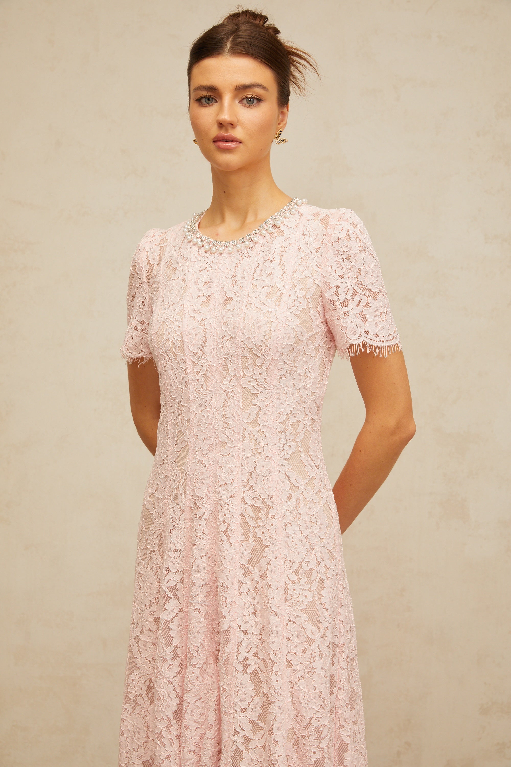 Dulcie pink embellished floral-lace midi dress (Final Sale-US Only)