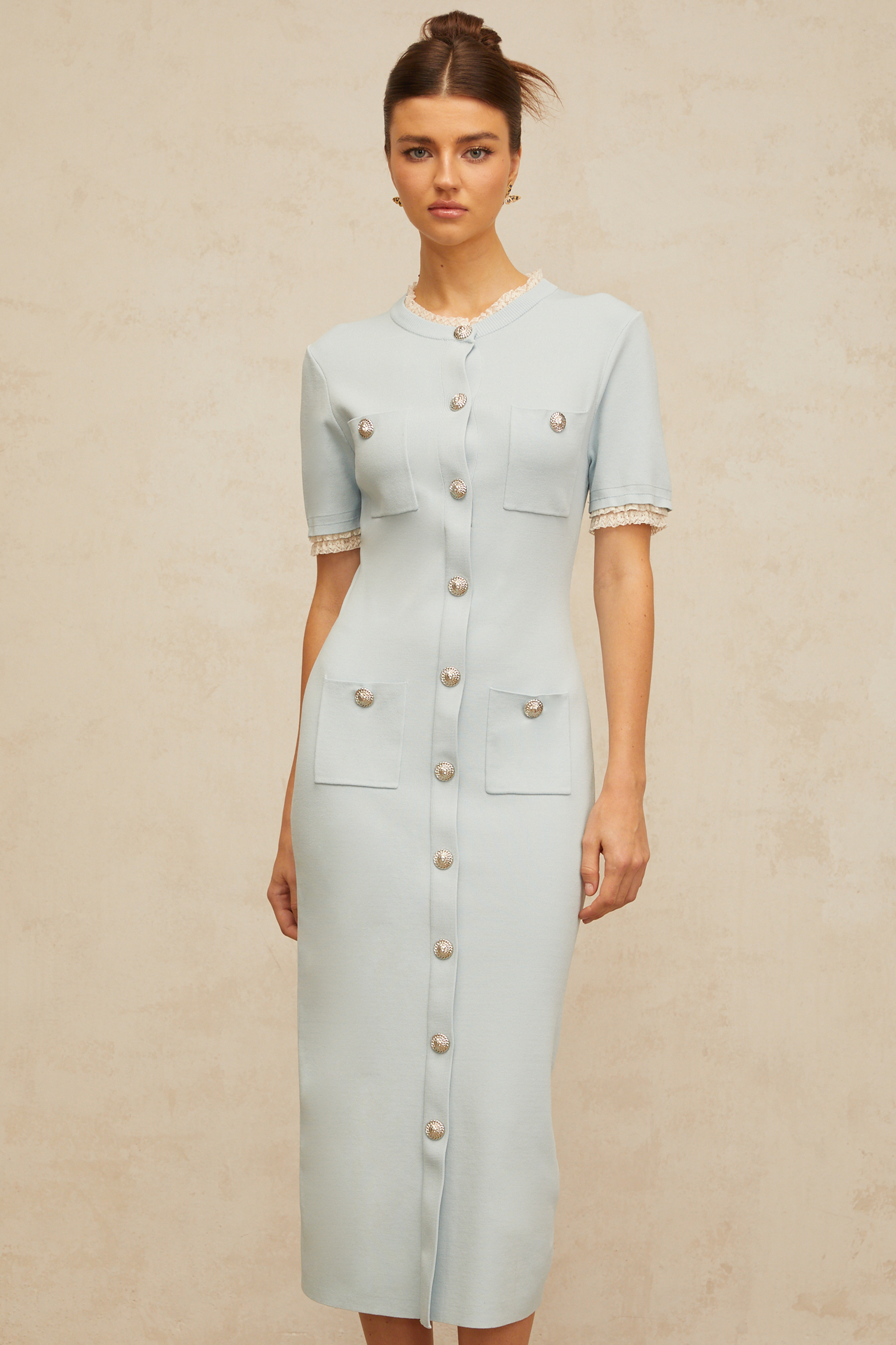 Mélisande light-blue pencil-silhouette knit midi dress (Final Sale)