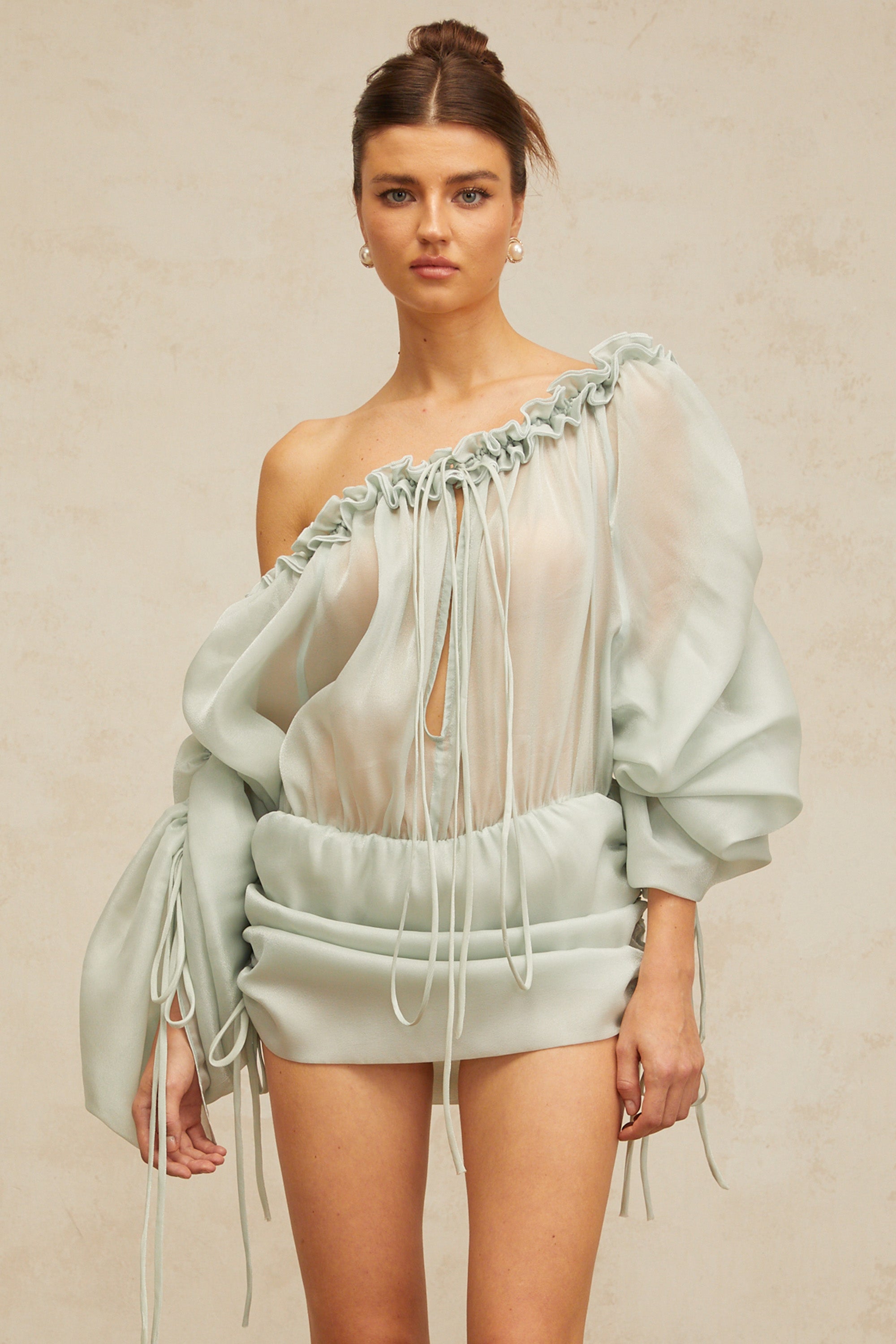 Béryl light-green ruffled-trim ruched mini dress (Final Sale-US Only)