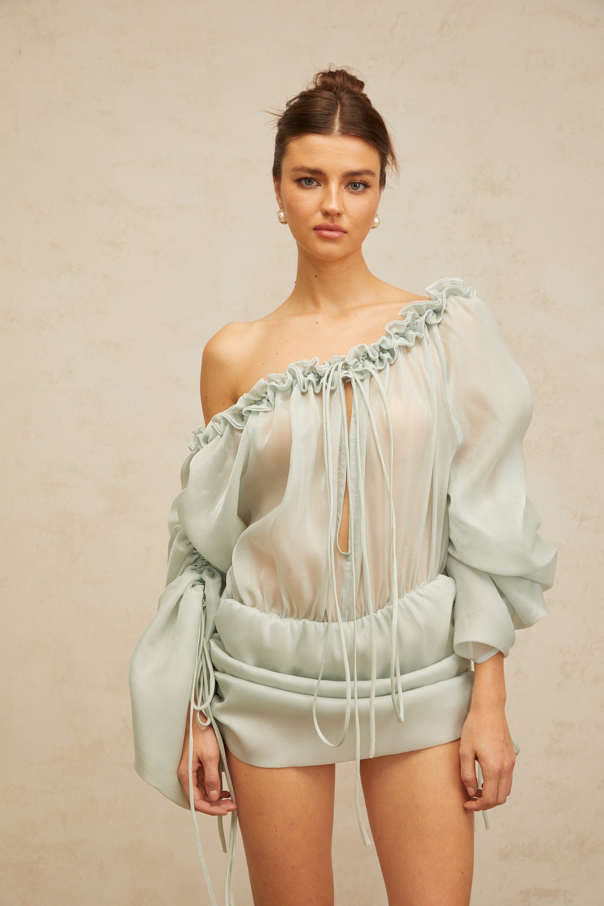 Béryl light-green ruffled-trim ruched mini dress (Final Sale-US Only)