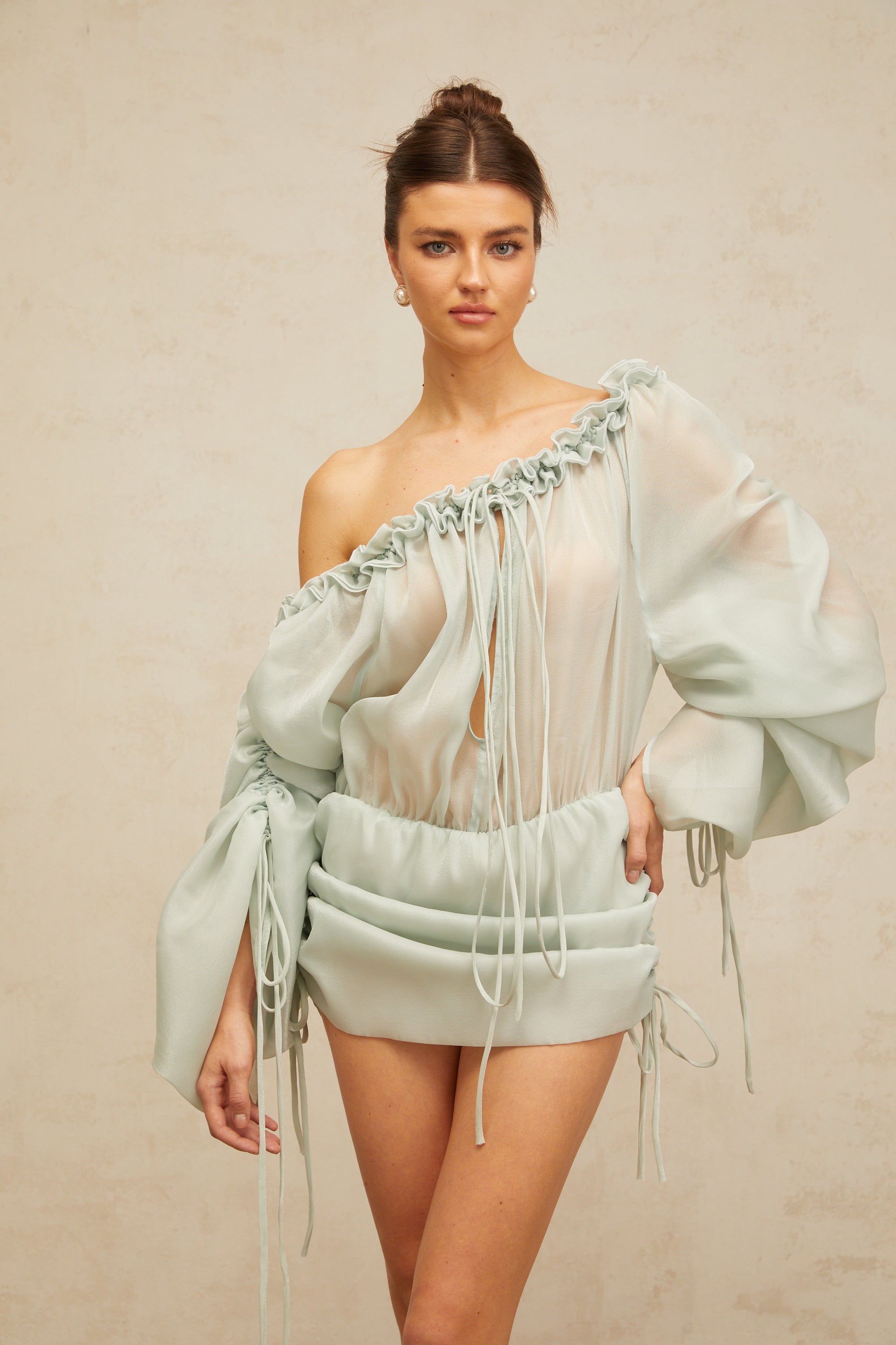 Béryl light-green ruffled-trim ruched mini dress (Final Sale-US Only)