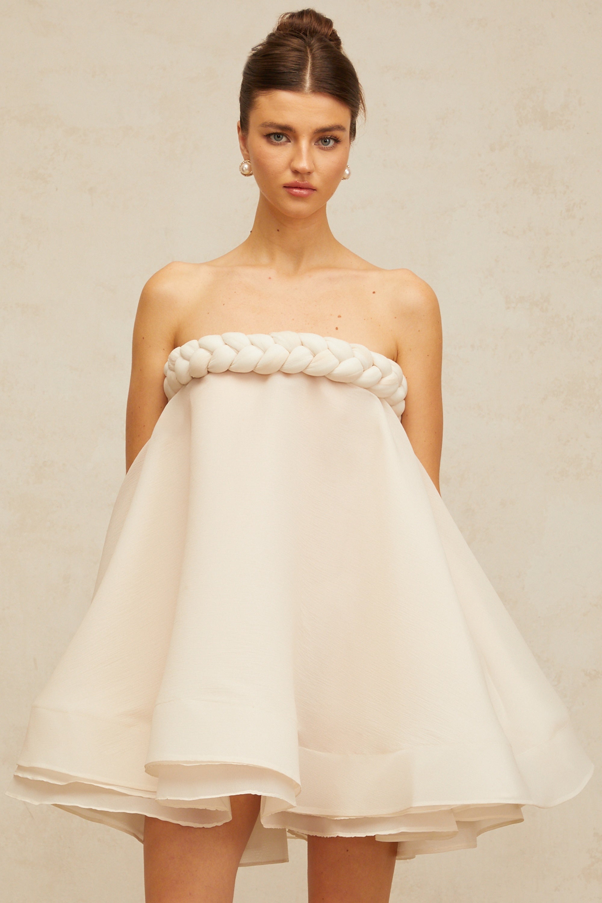 Violette white braid-detail puff mini dress