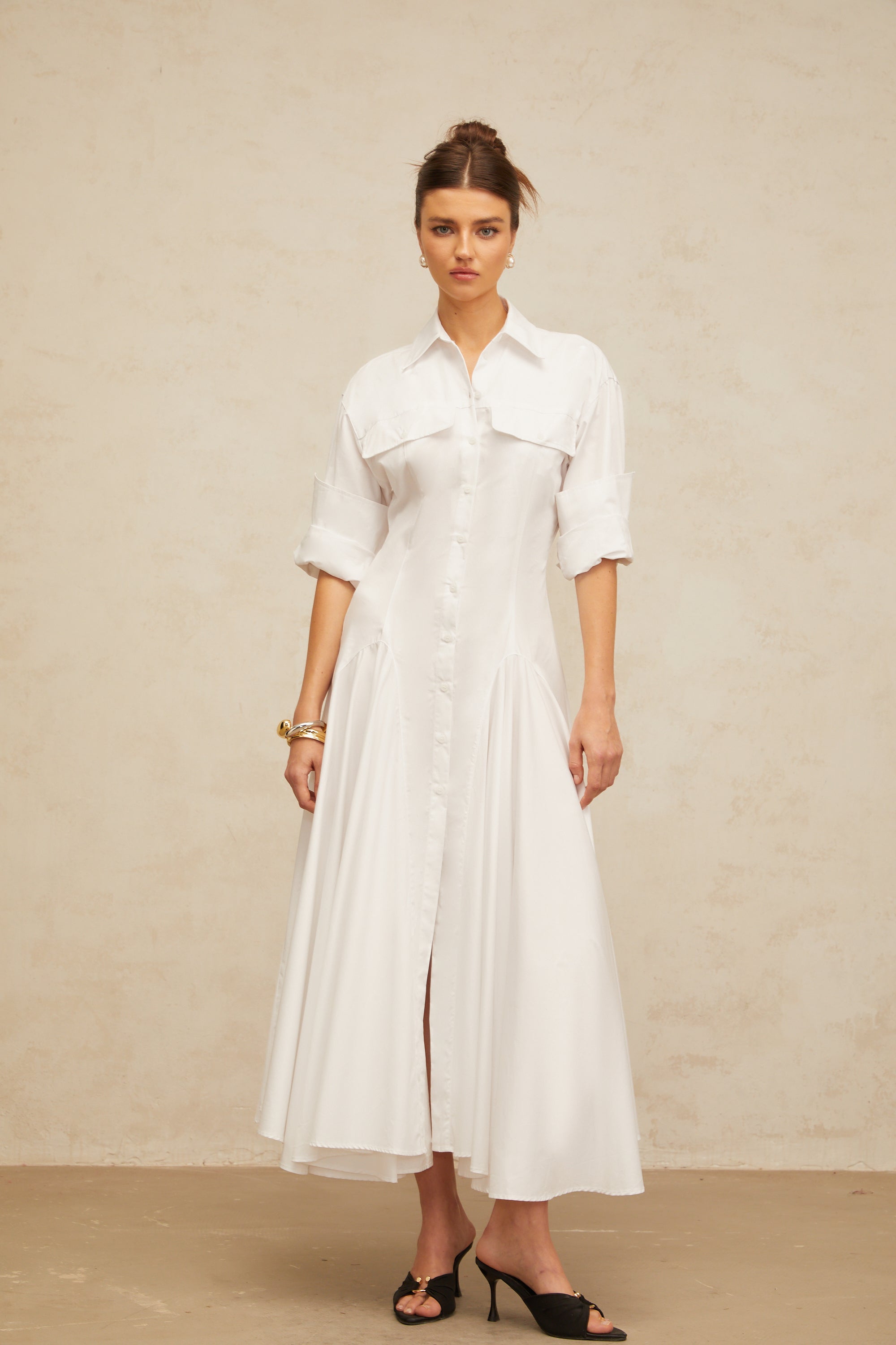 Dulcie white front-slit shirred shirt dress (Final Sale)