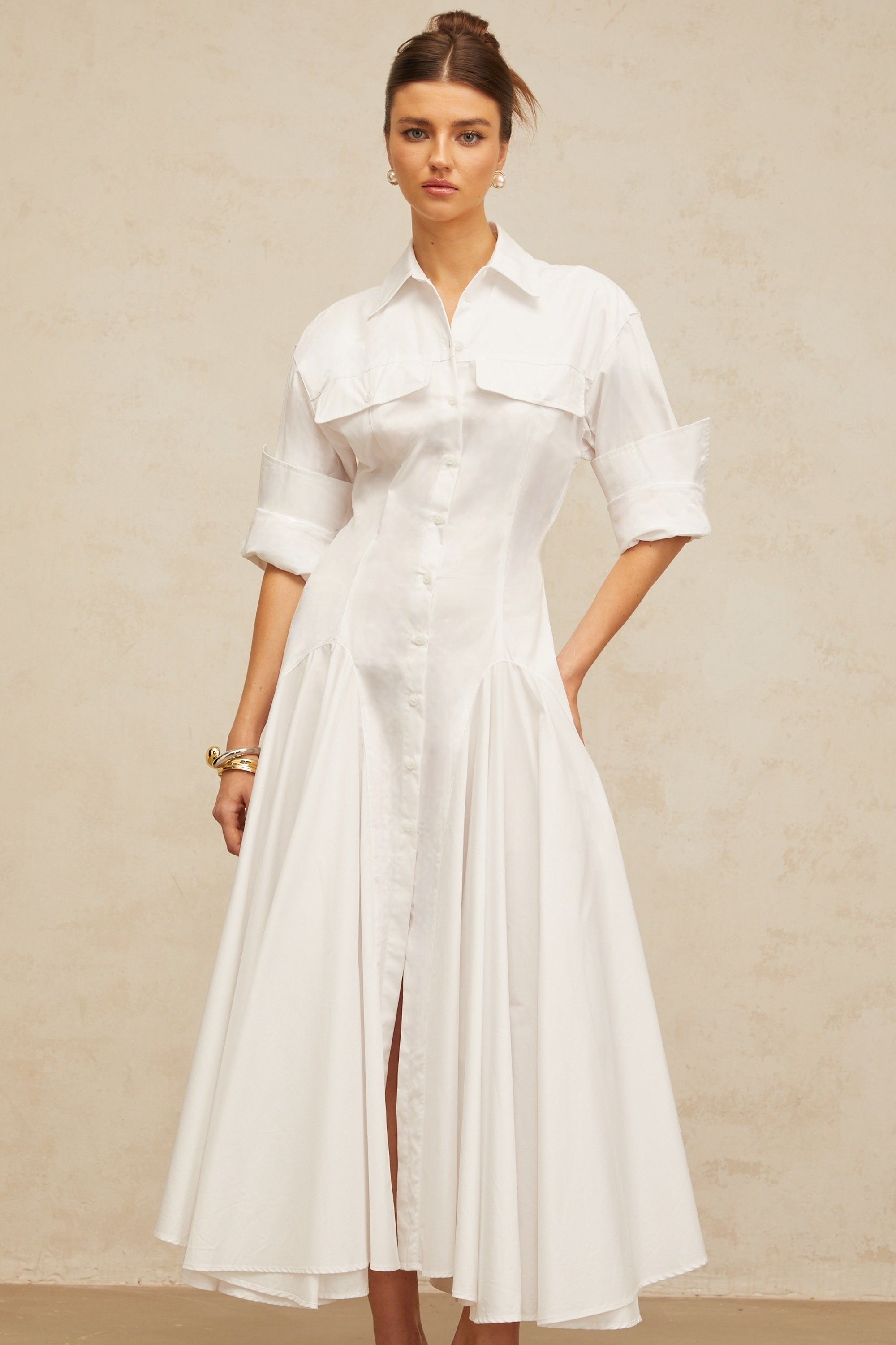 Dulcie white front-slit shirred shirt dress (Final Sale)