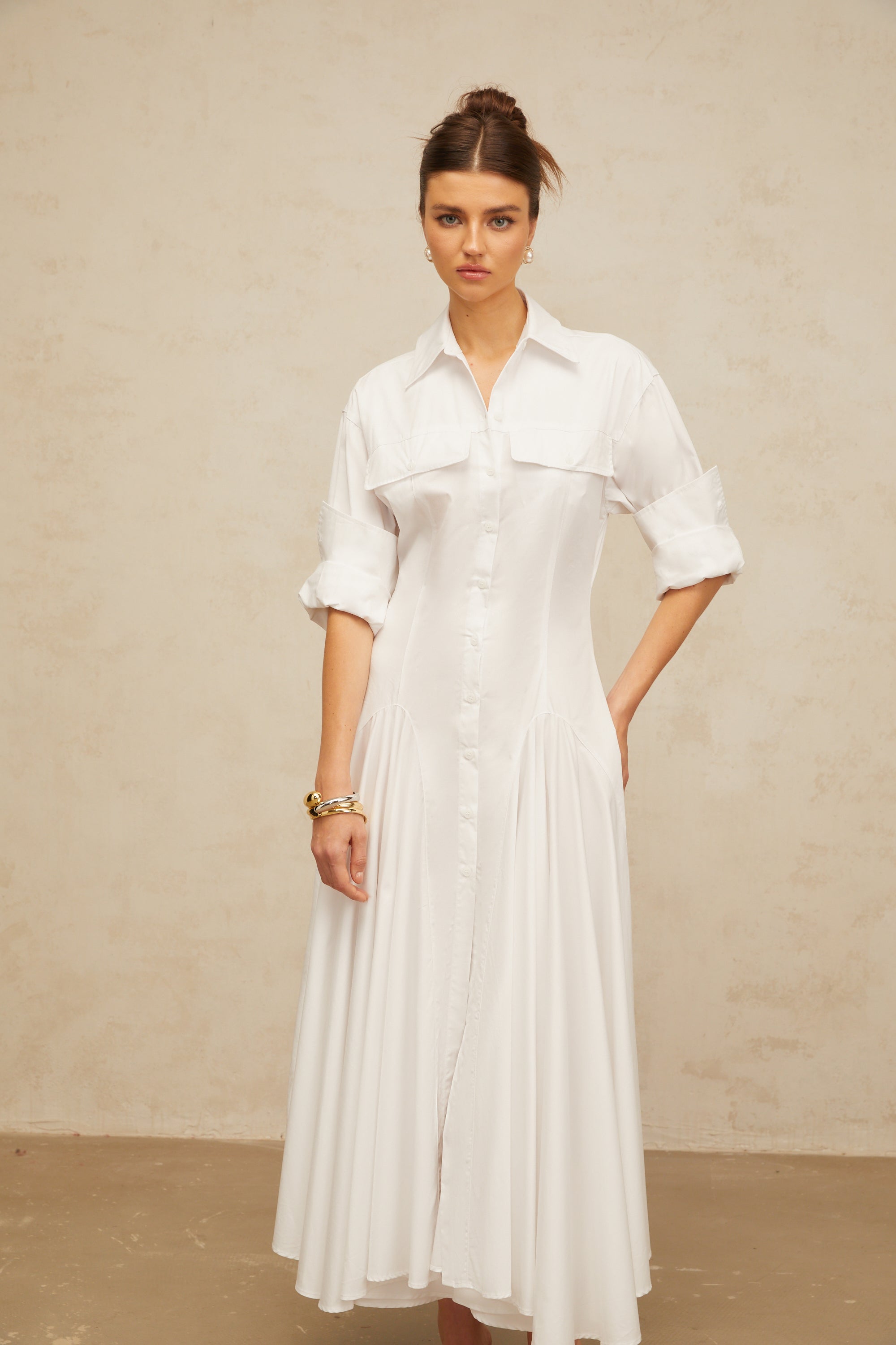 Dulcie white front-slit shirred shirt dress (Final Sale)