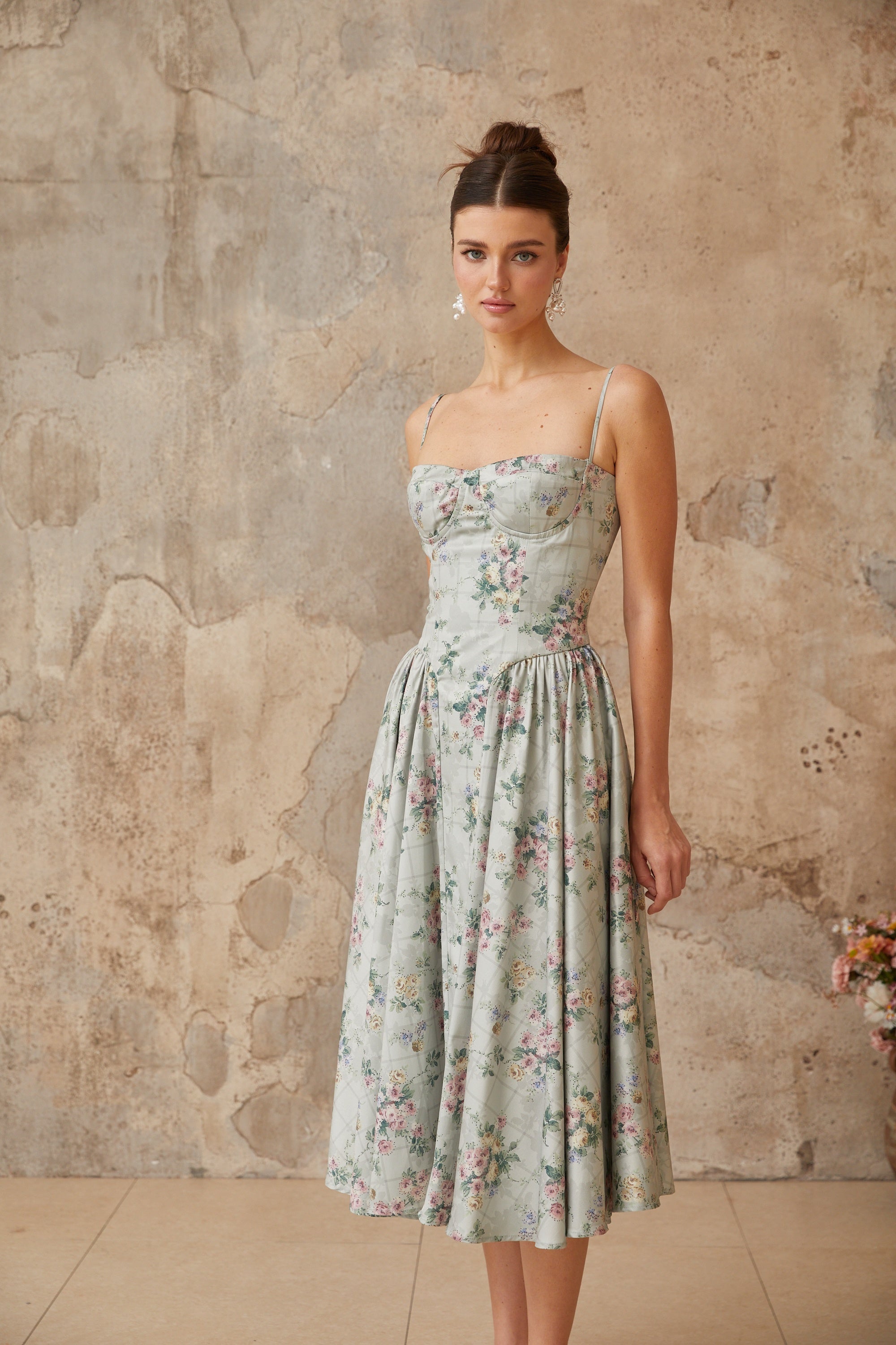 Prunelle sage-green floral-print shirred midi dress (Final Sale)