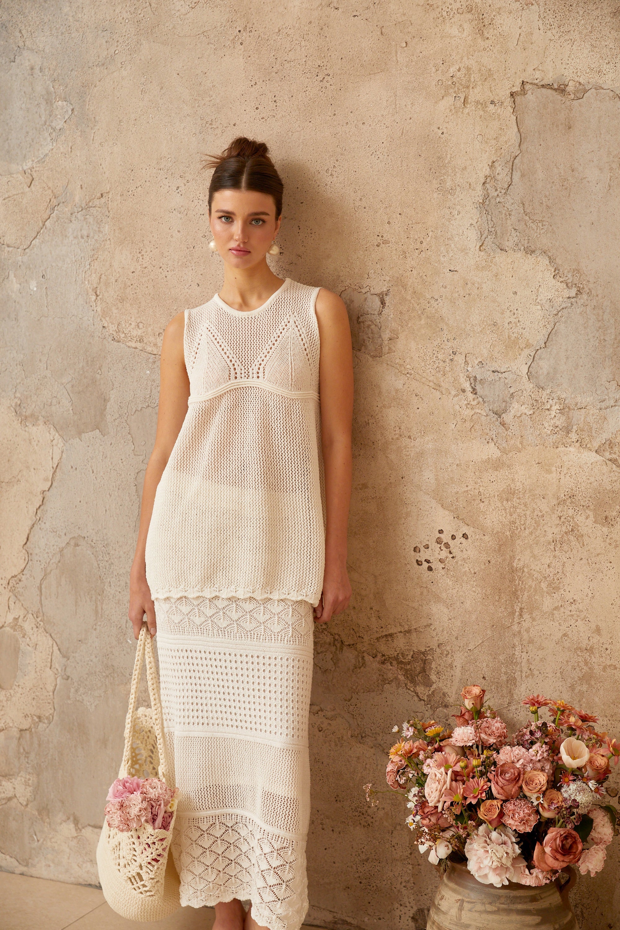 Irène White Cutout Crochet Knit Two-Piece Top and Skirt (Final Sale)
