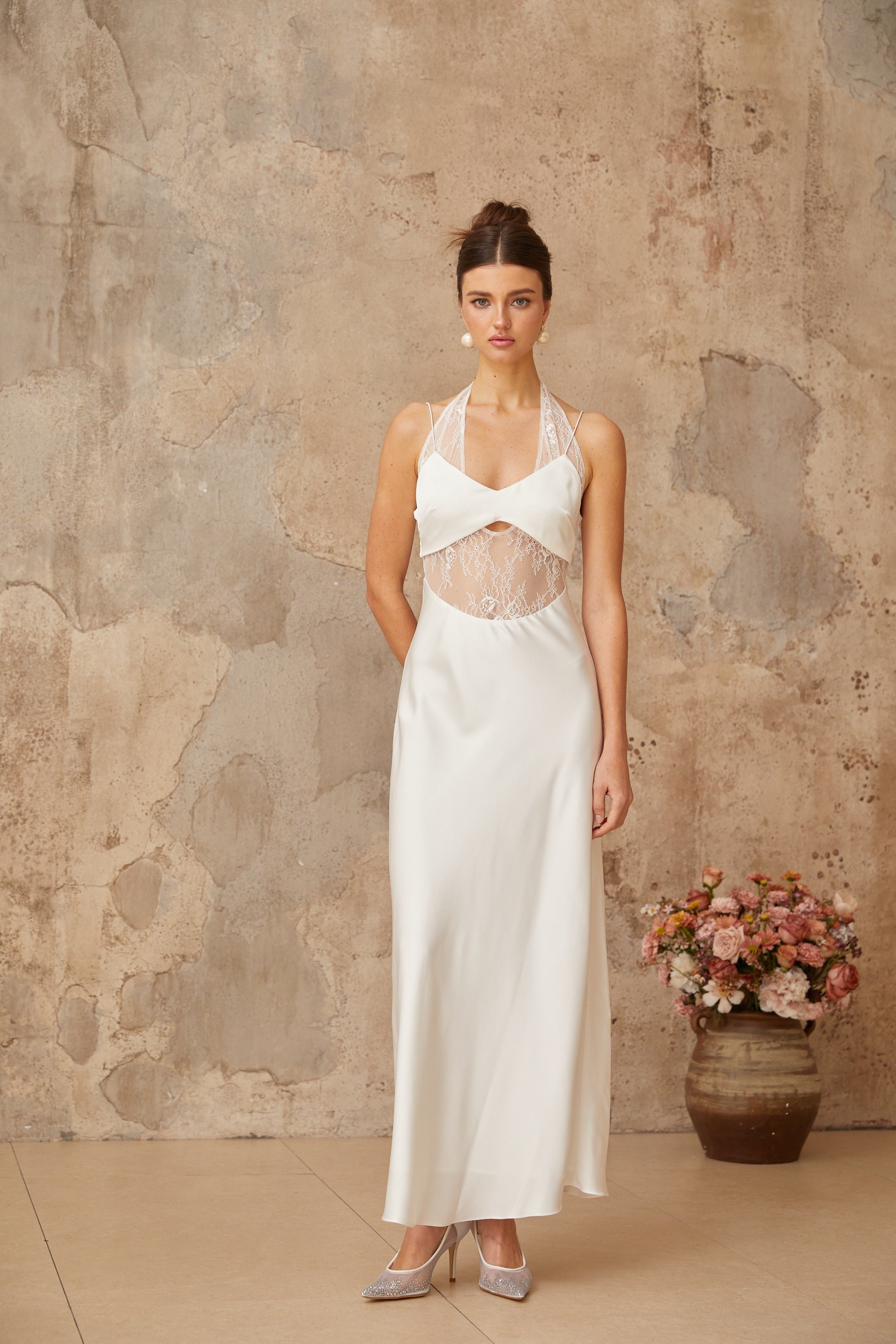 Blanche white lace-panel satin maxi dress (Final Sale-US Only)