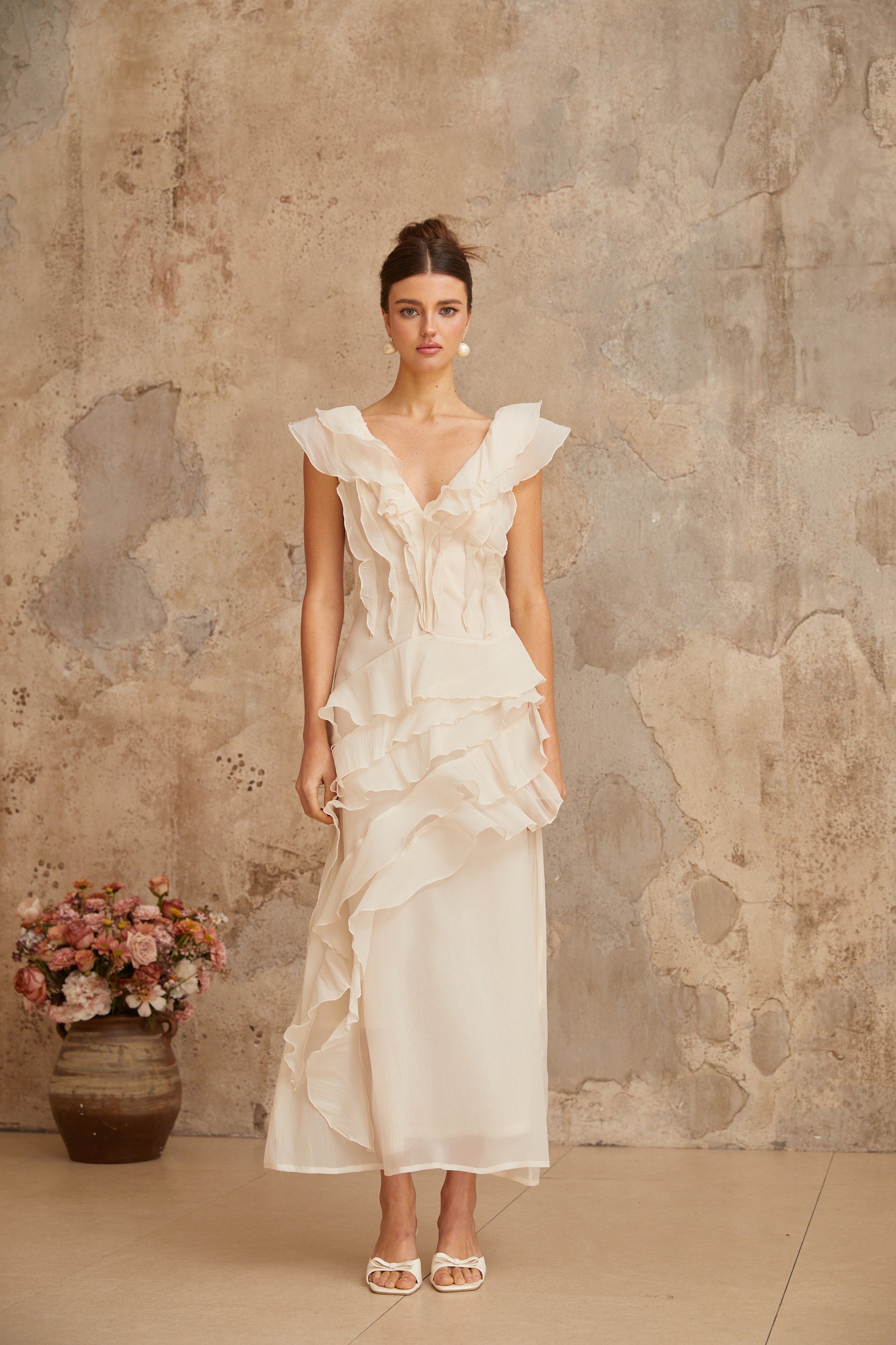 Hélène faux-flower layered ruffled maxi dress (Final Sale)