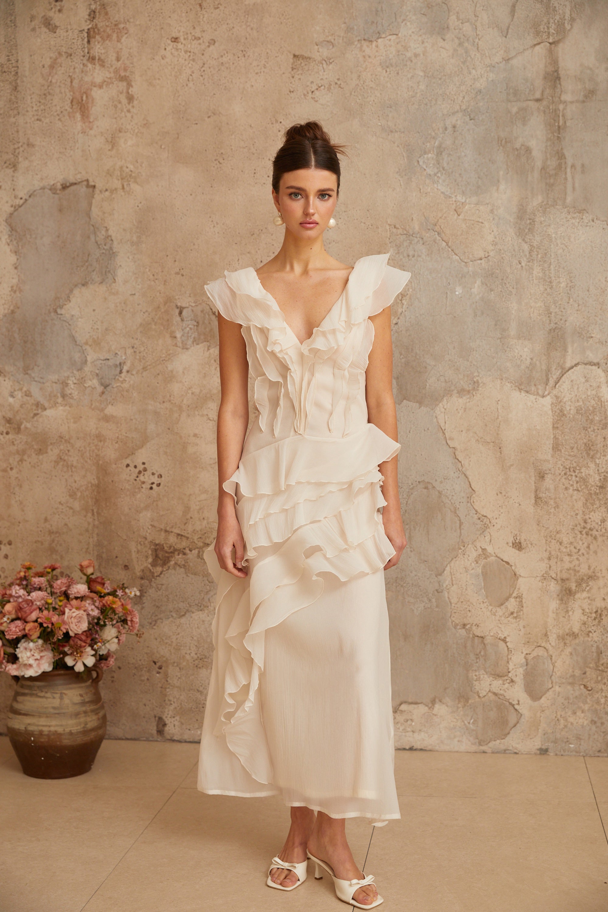 Hélène faux-flower layered ruffled maxi dress (Final Sale)