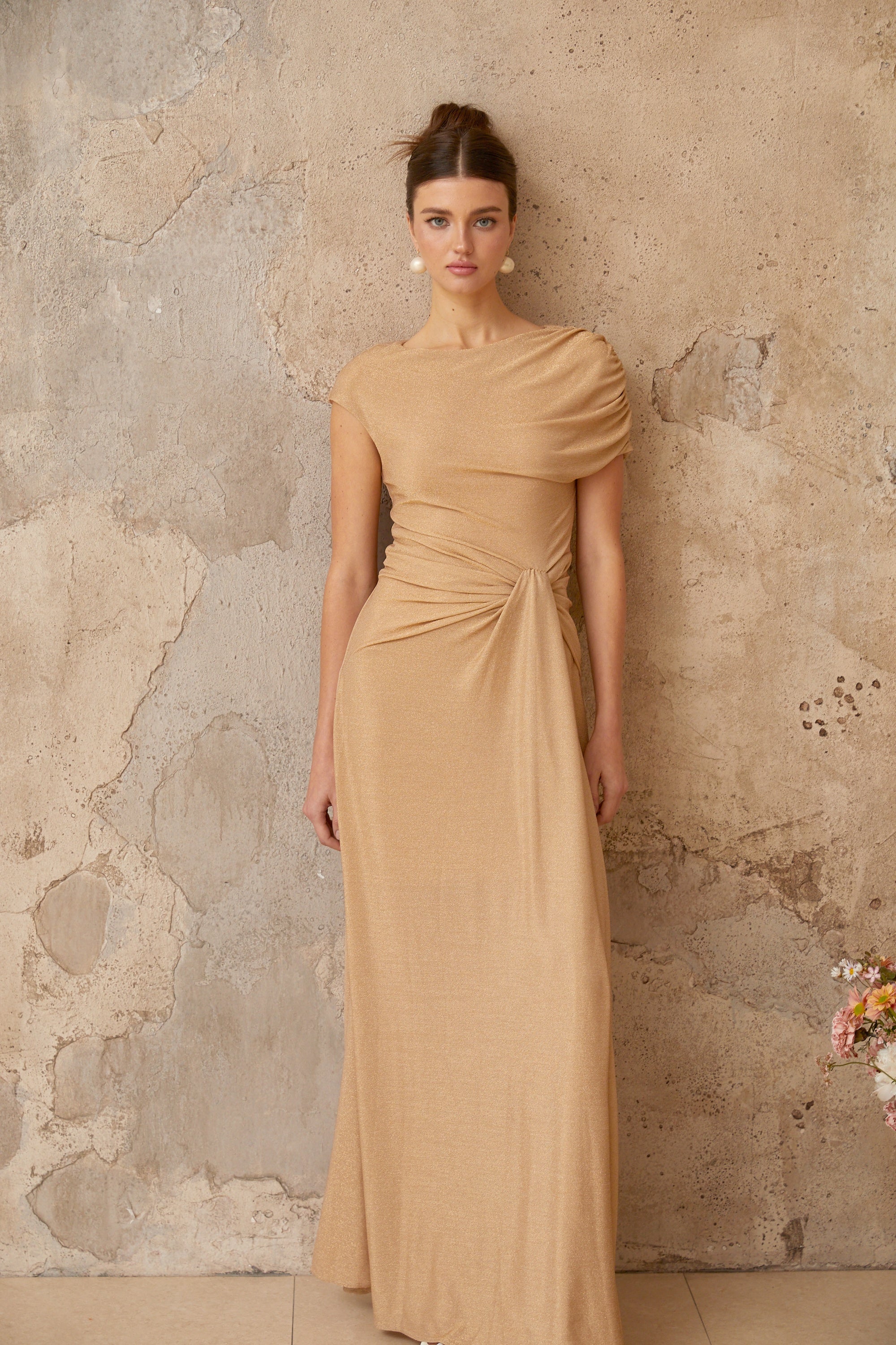 Rosalie gold asymmetrical pleated maxi dress (Final Sale-US Only)