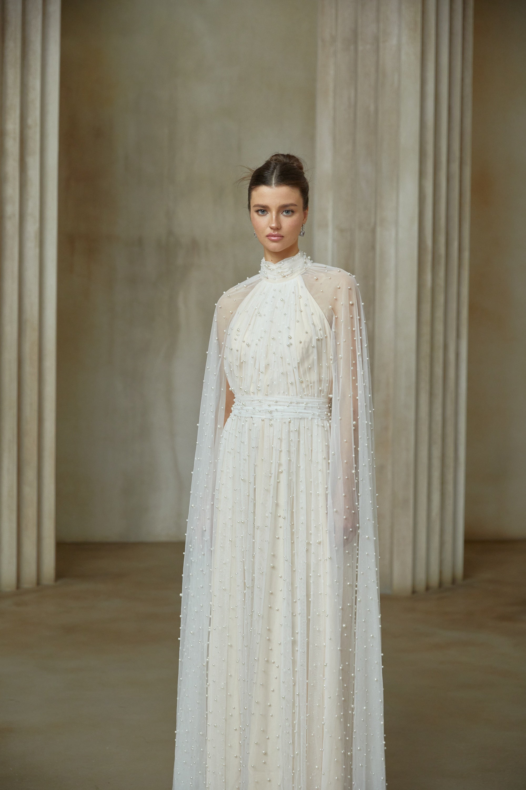 Louane white cape-design embellished tulle maxi dress (Final Sale-US Only)