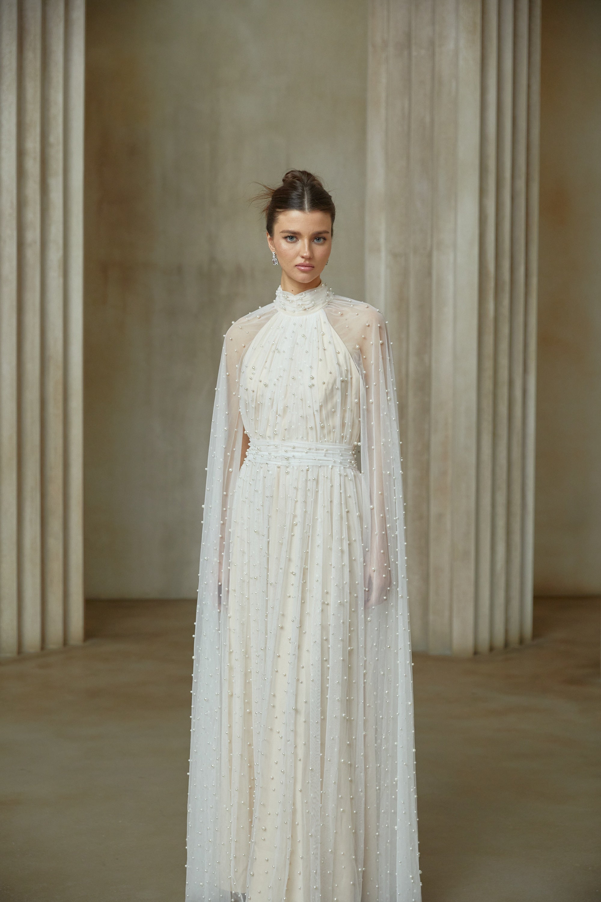 Louane white cape-design embellished tulle maxi dress (Final Sale-US Only)