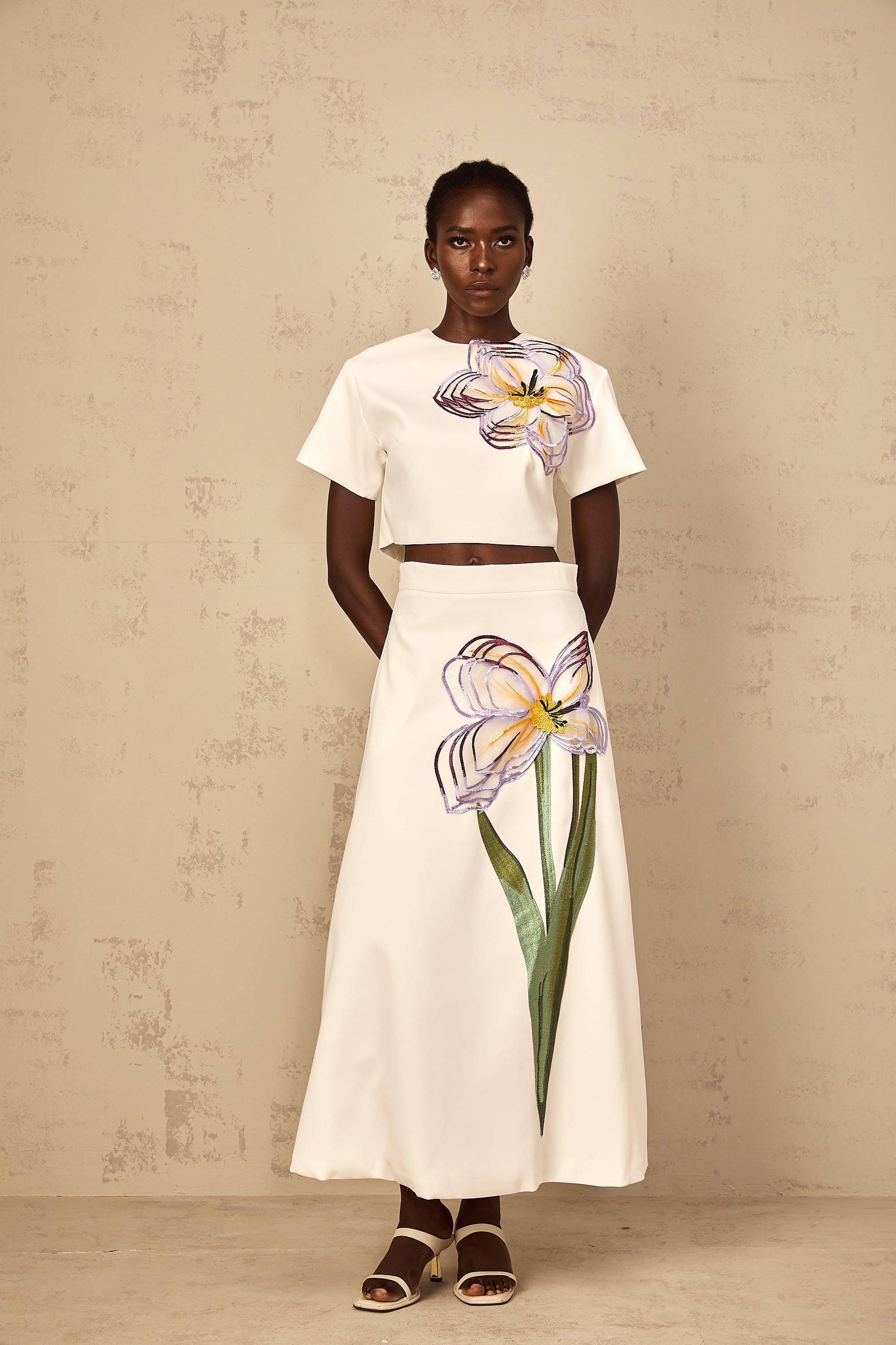 Irène White Sequin Floral Embroidered Matching Set