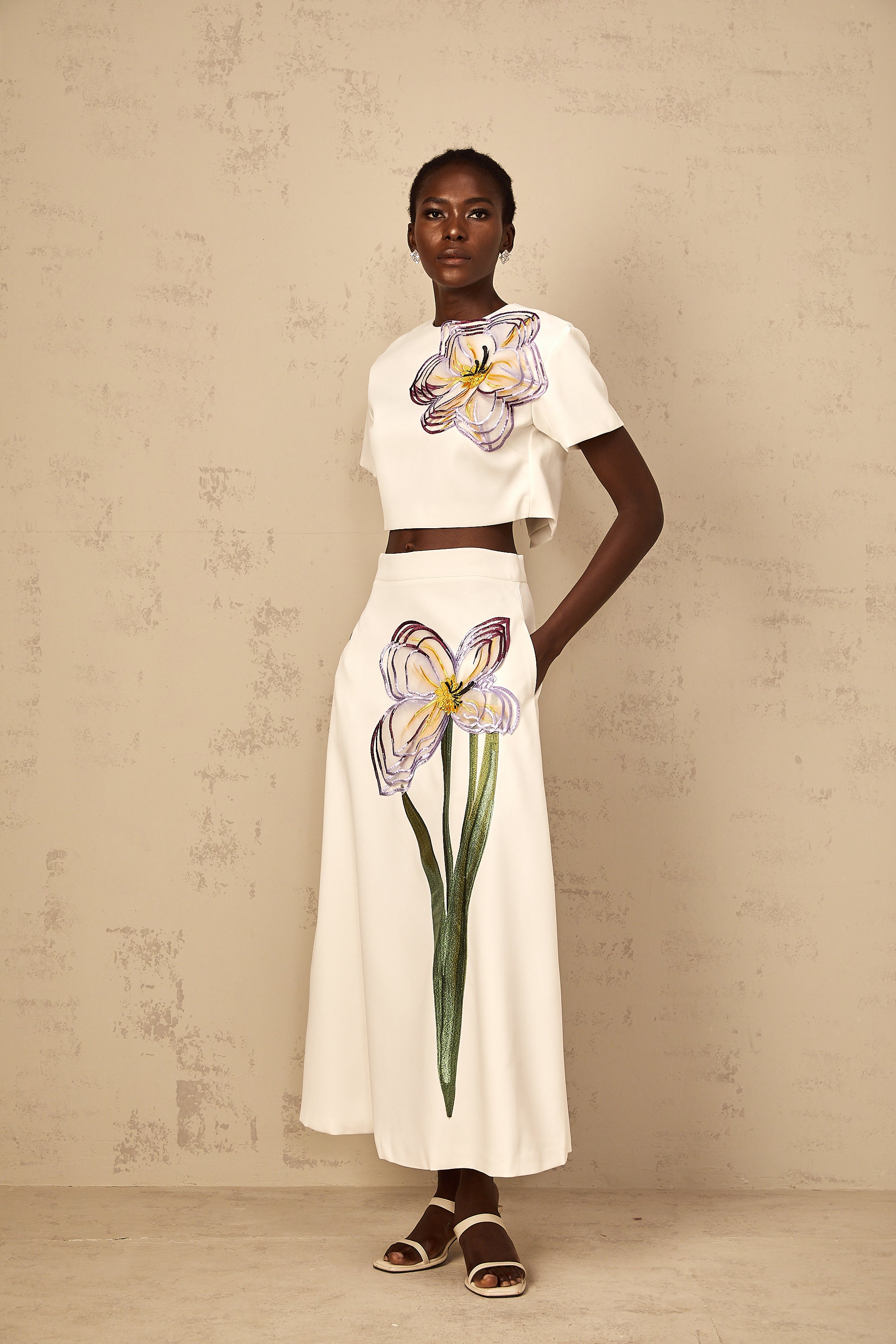 Irène White Sequin Floral Embroidered Matching Set