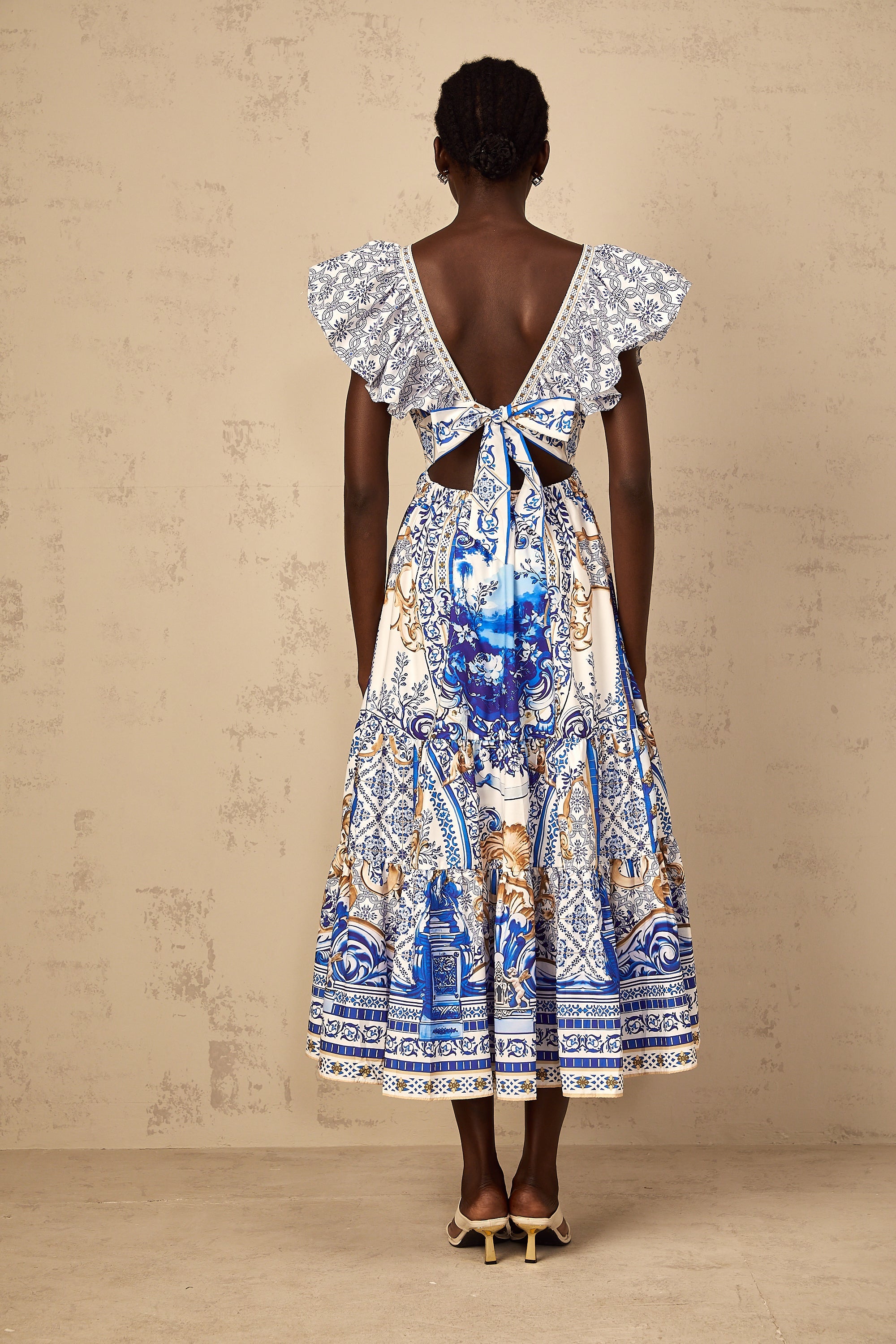 Calliopée Blue Baroque Print Tiered Midi Dress (Final Sale-US Only)