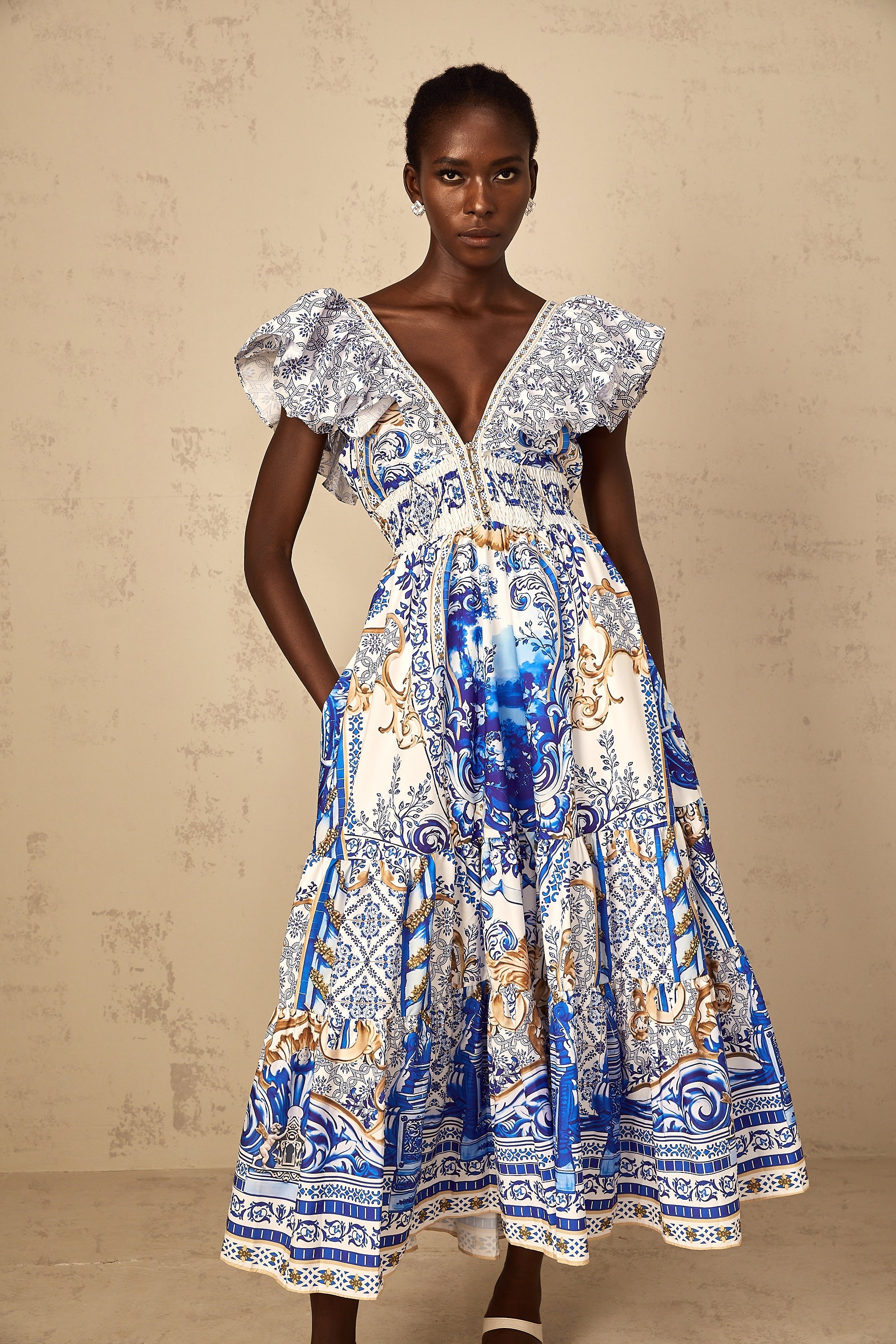 Calliopée Blue Baroque Print Tiered Midi Dress (Final Sale-US Only)