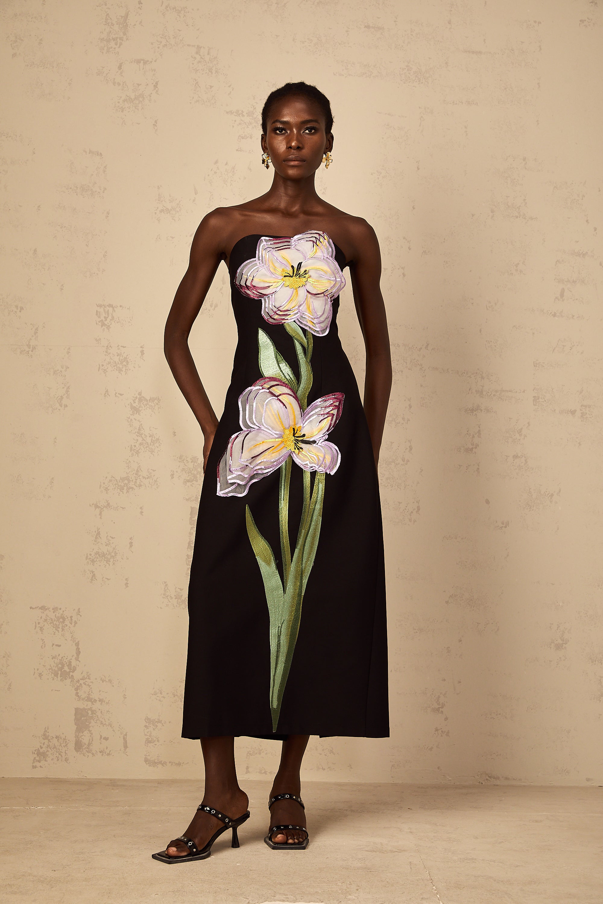 Irène Sequin Embroidered Off-Shoulder Midi Dress in Black (Final Sale-US Only)