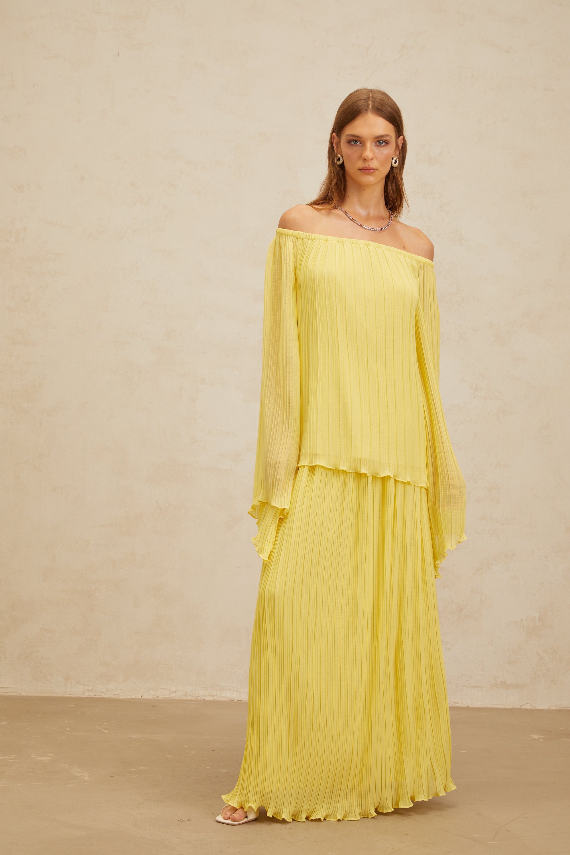 Yseult Yellow Pleated Casual Blouse & Skirt Set (Final Sale)