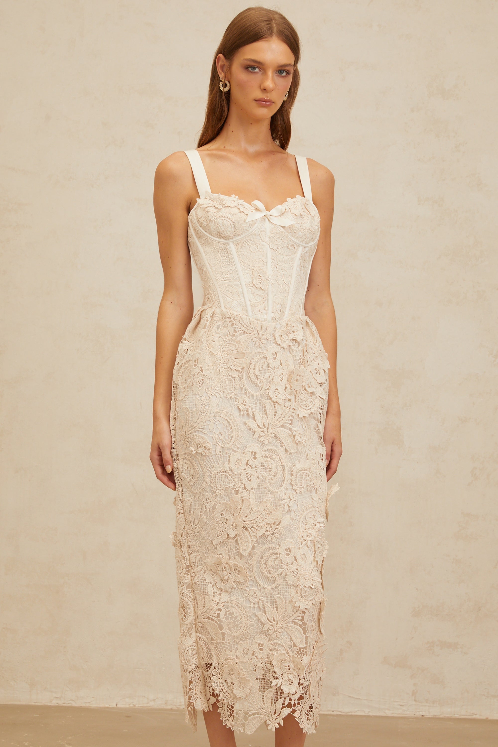 Irène Neutral Corded Lace Corset Midi Dress (Final Sale)