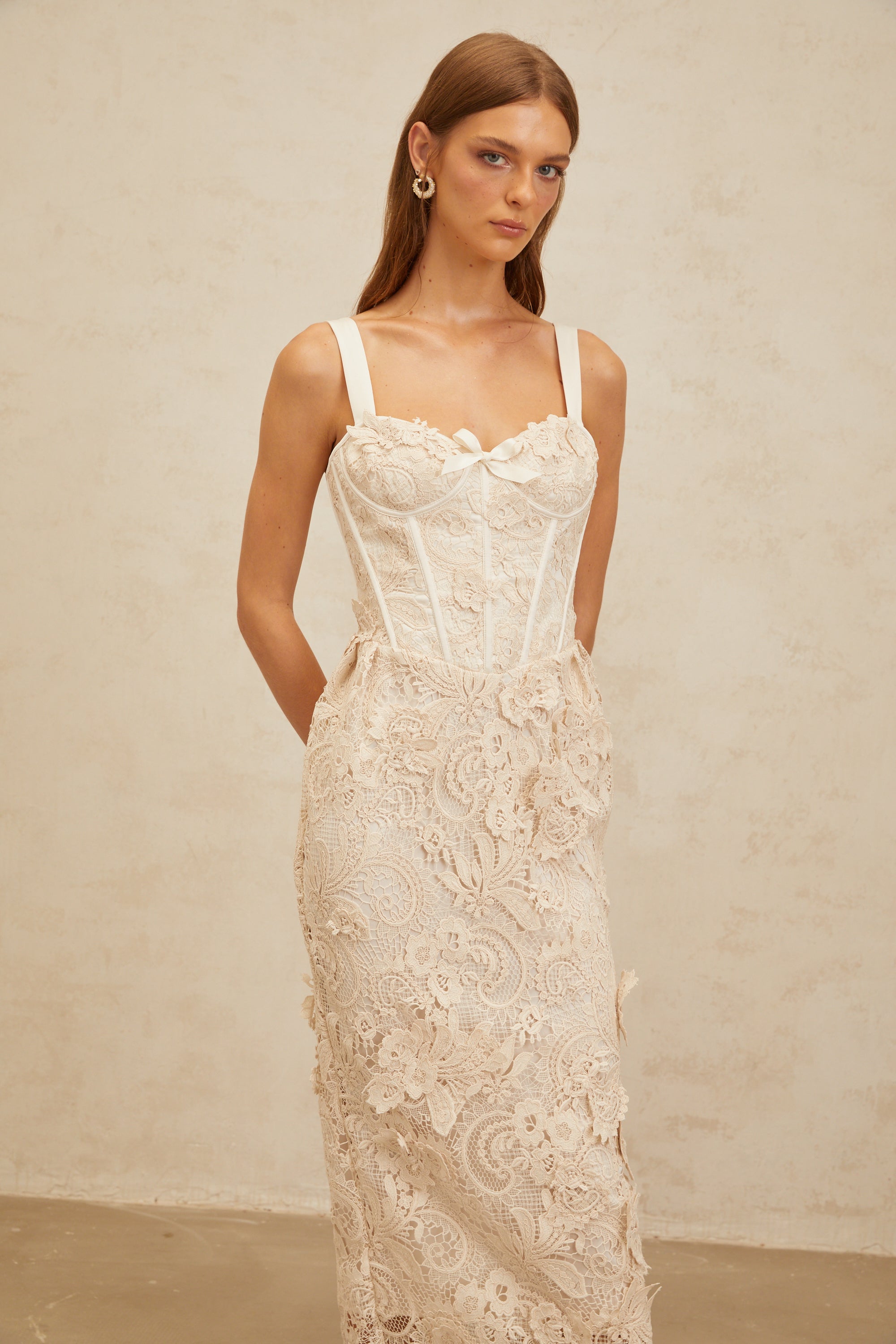 Irène Neutral Corded Lace Corset Midi Dress (Final Sale)