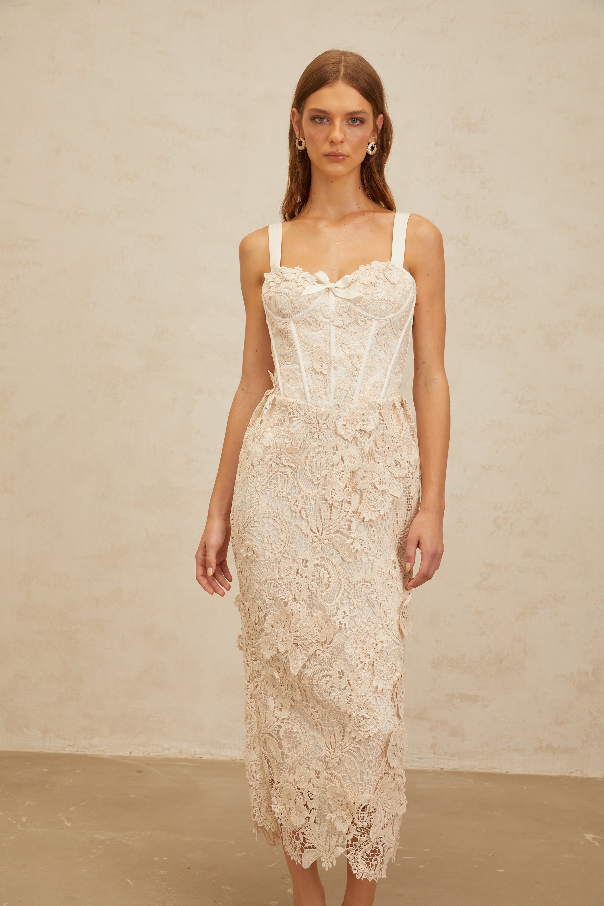 Irène Neutral Corded Lace Corset Midi Dress (Final Sale)