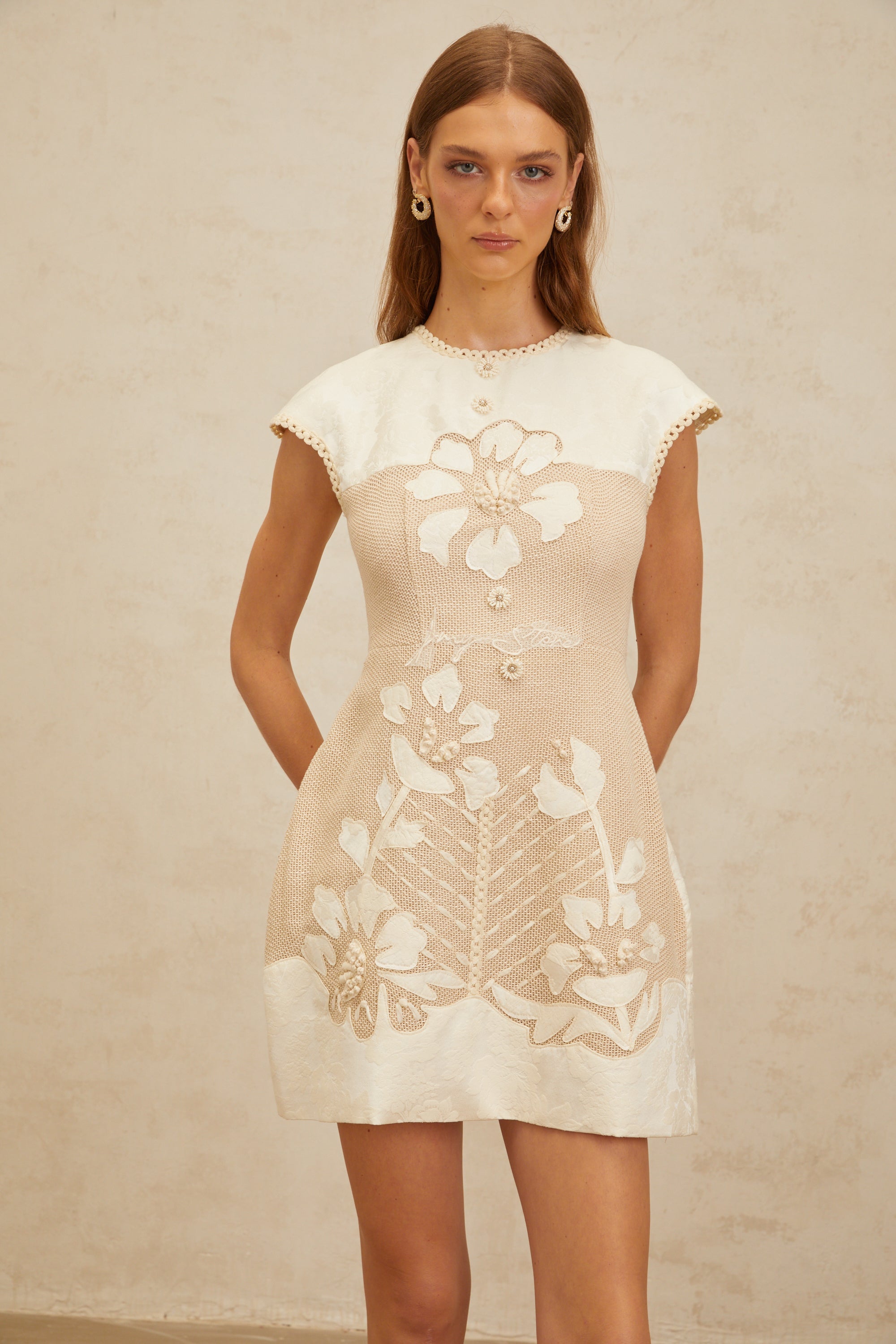 Manon Neutral Floral Embroidered Crochet Mini Dress (Final Sale)