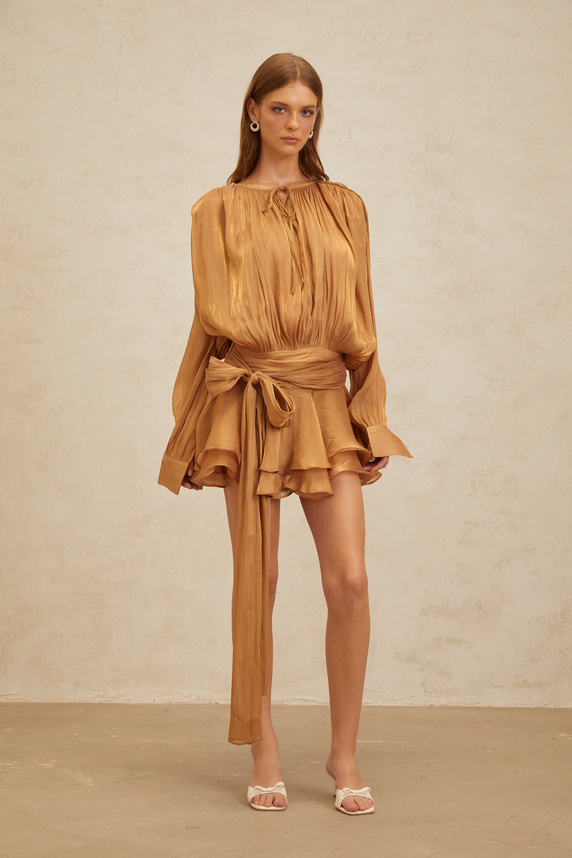 Eugénie Gold Fully Pleated Ruffled Mini Dress (Final Sale-US Only)