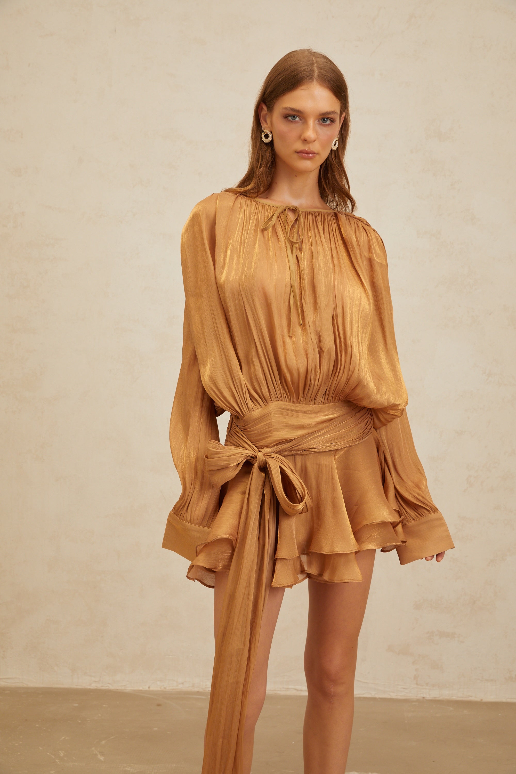 Eugénie Gold Fully Pleated Ruffled Mini Dress (Final Sale)