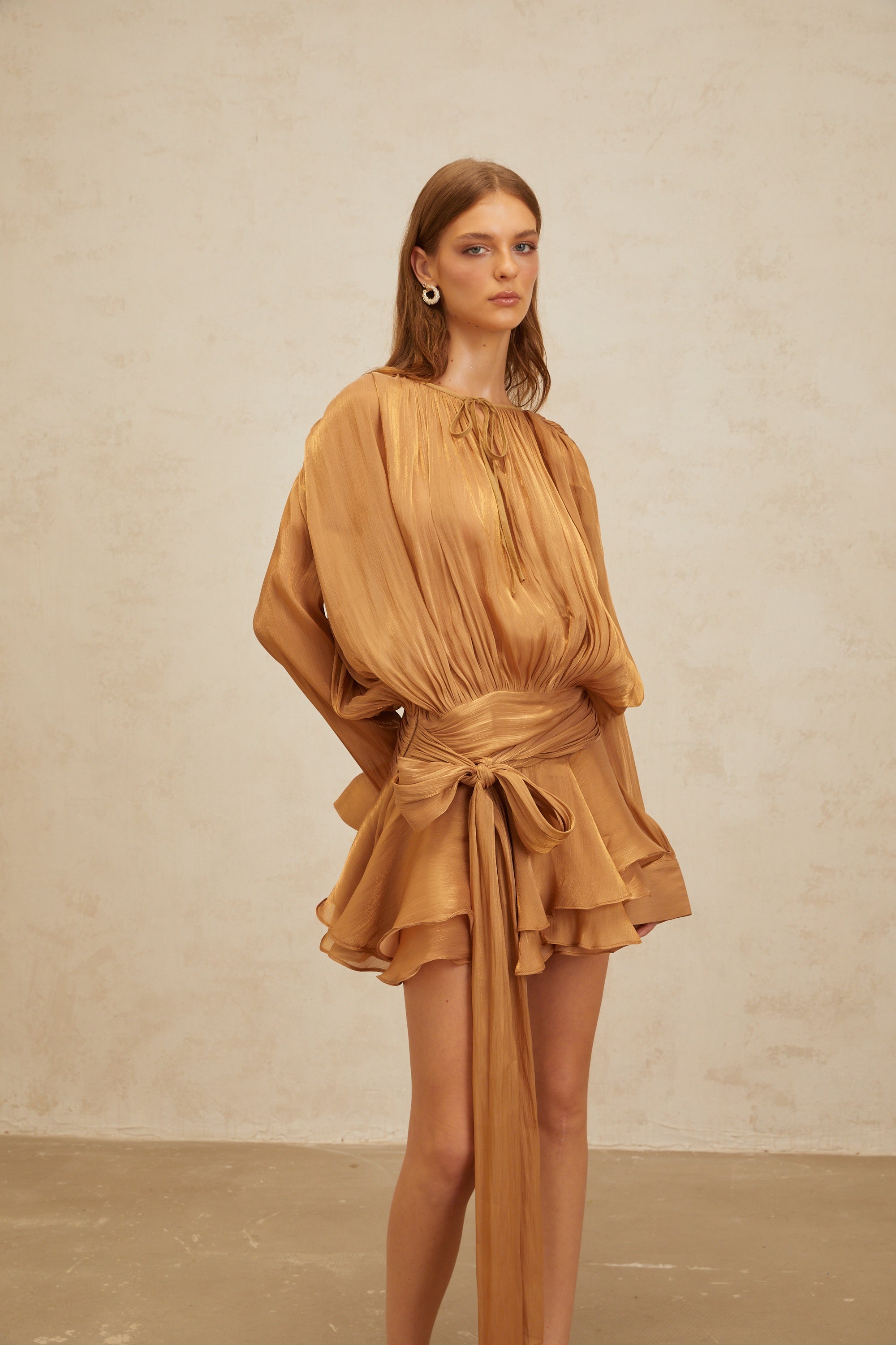Eugénie Gold Fully Pleated Ruffled Mini Dress (Final Sale)