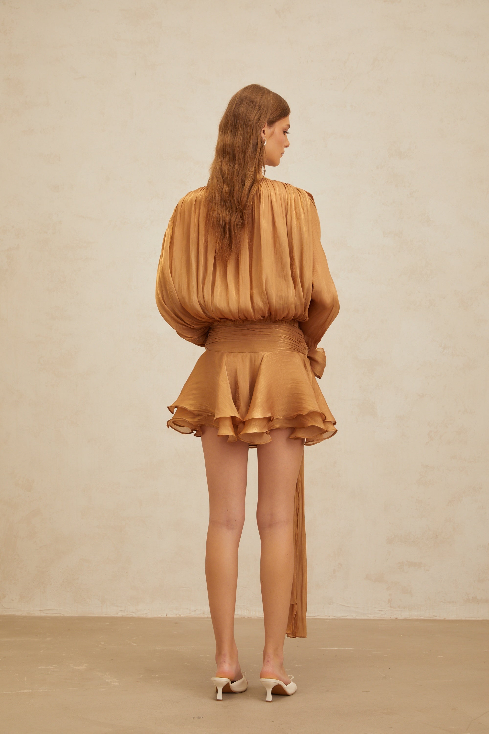 Eugénie Gold Fully Pleated Ruffled Mini Dress (Final Sale-US Only)
