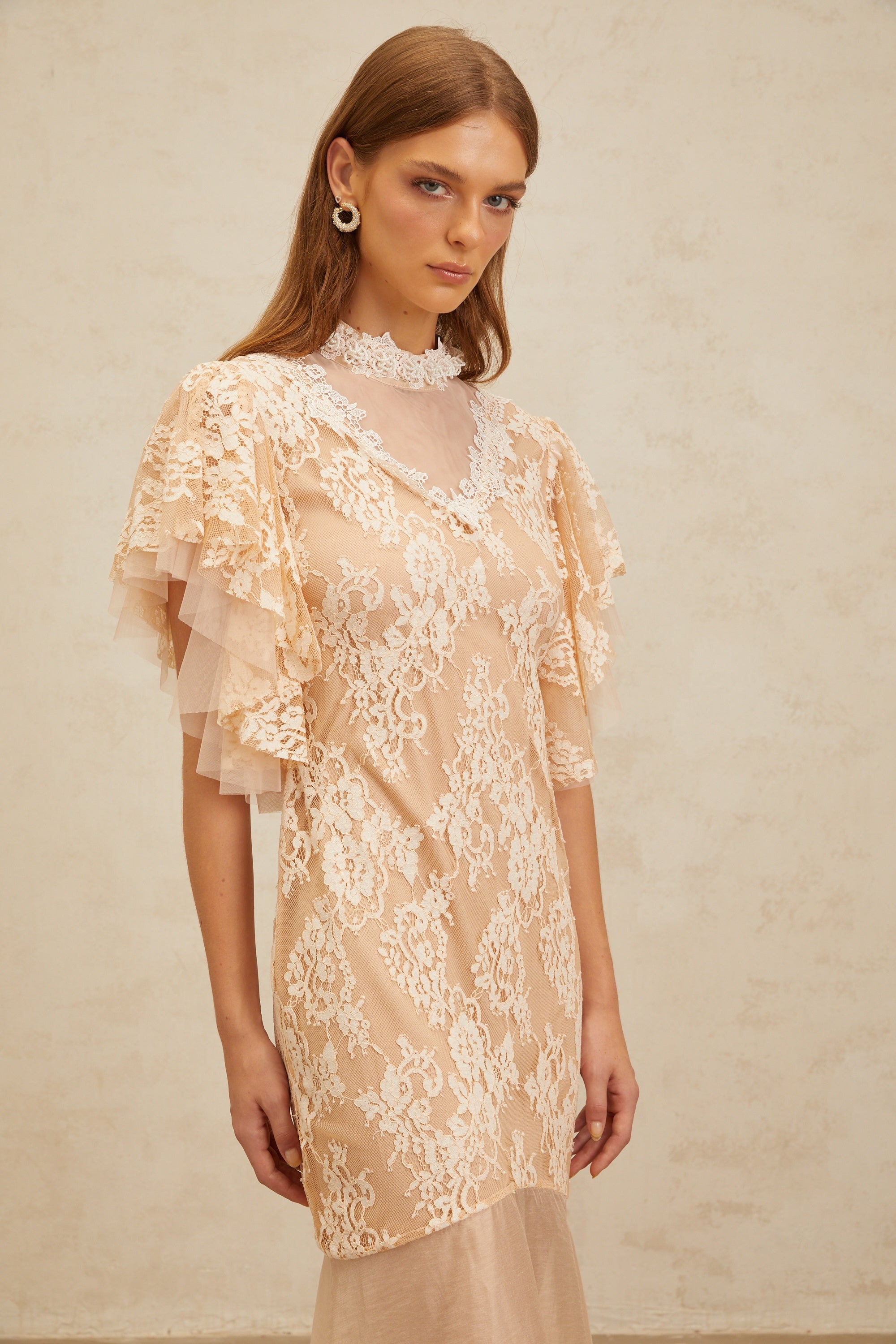Annabelle Embellished Floral Lace Panelled Midi Dress in Neutrals (Final Sale)