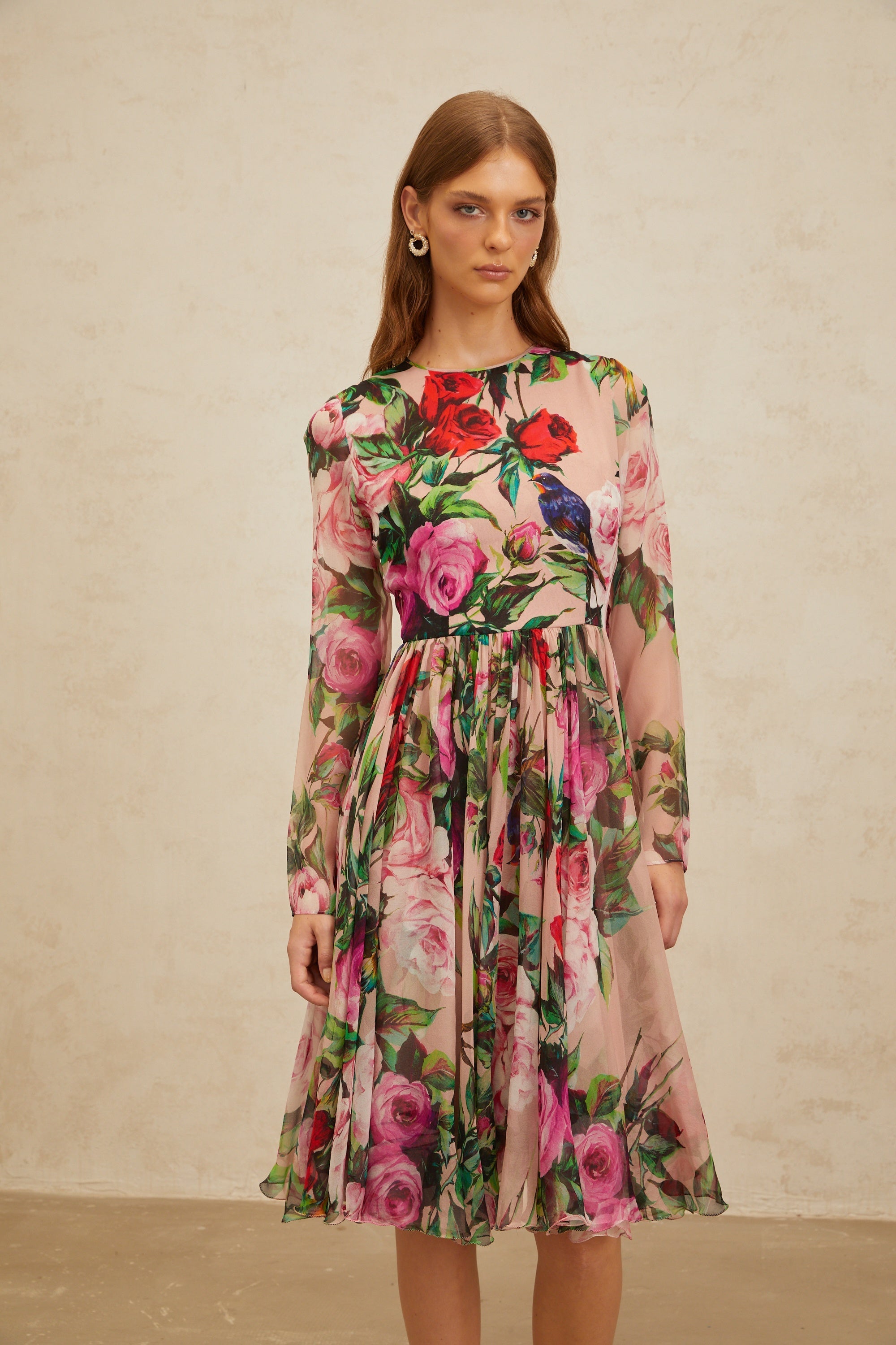 Coralie Pink Rose Print Summer Silk Midi Dress (Final Sale)