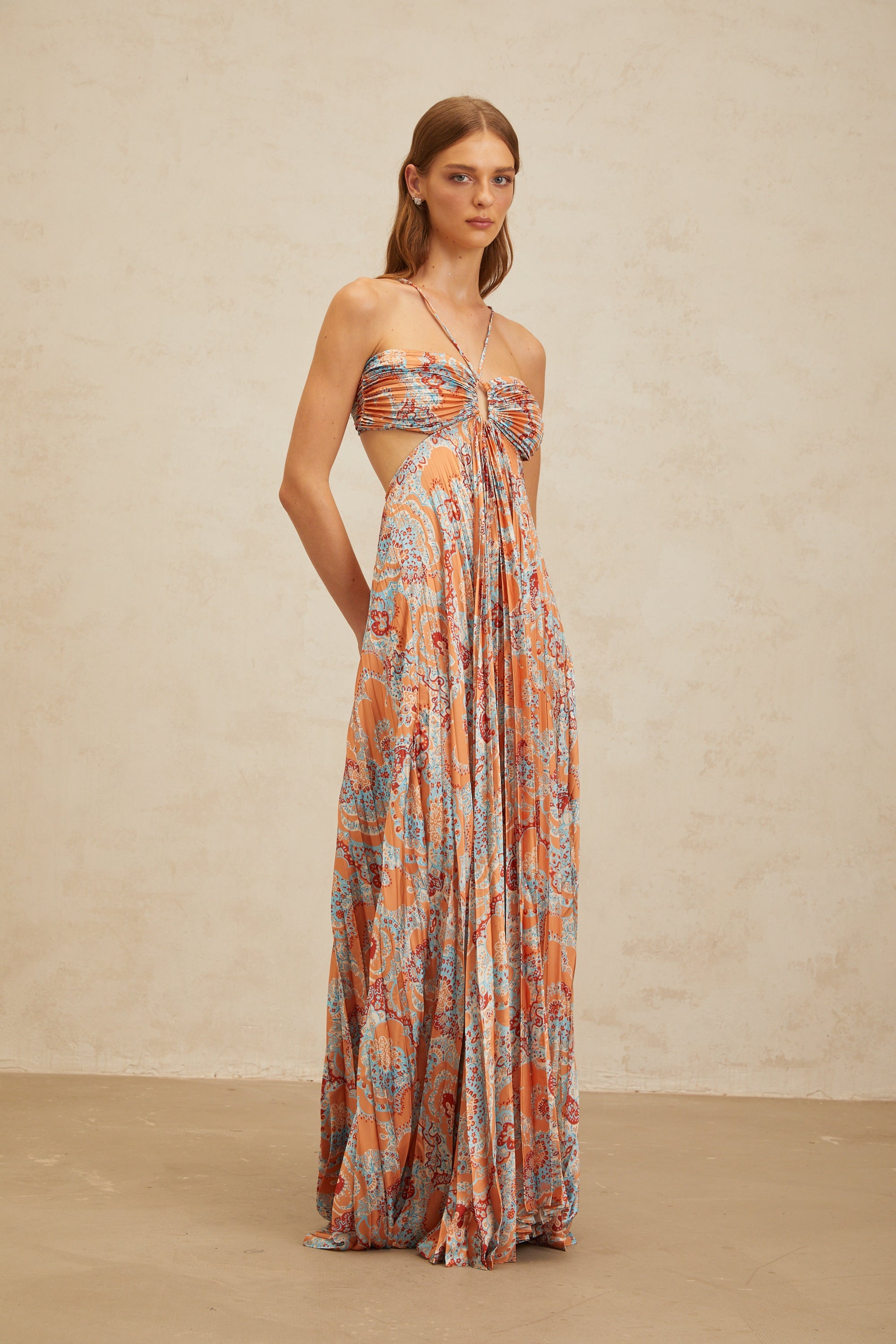 Andréa Orange Floral Print Pleated Maxi Dress with Cutout Detail (Final Sale)
