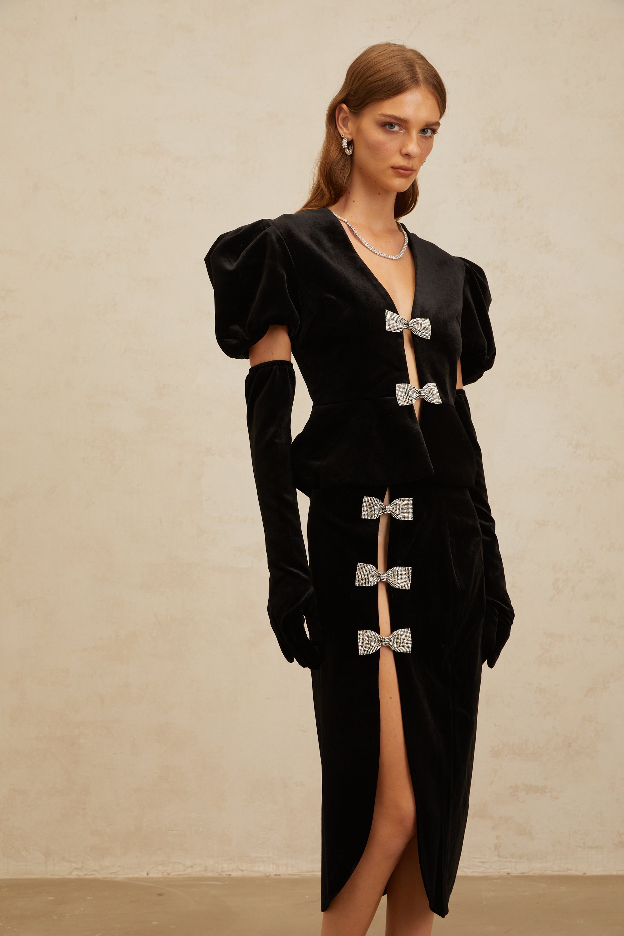Adèle Black Bowknot Cut-Out Velvet Top & Skirt Matching Set (Final Sale-US Only)