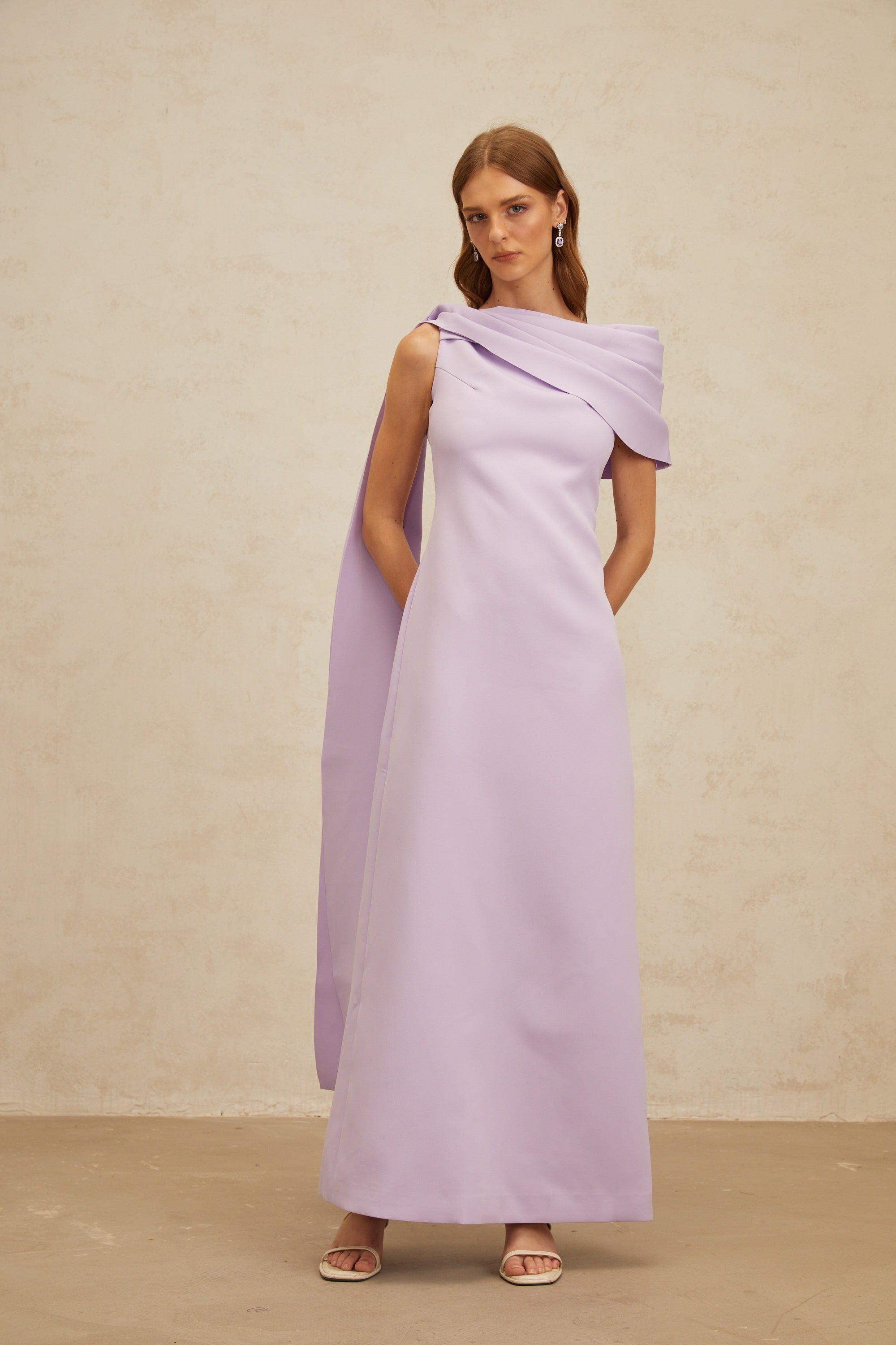 Annabelle Purple Cape-Design Ribbon Maxi Dress (Final Sale-US Only)