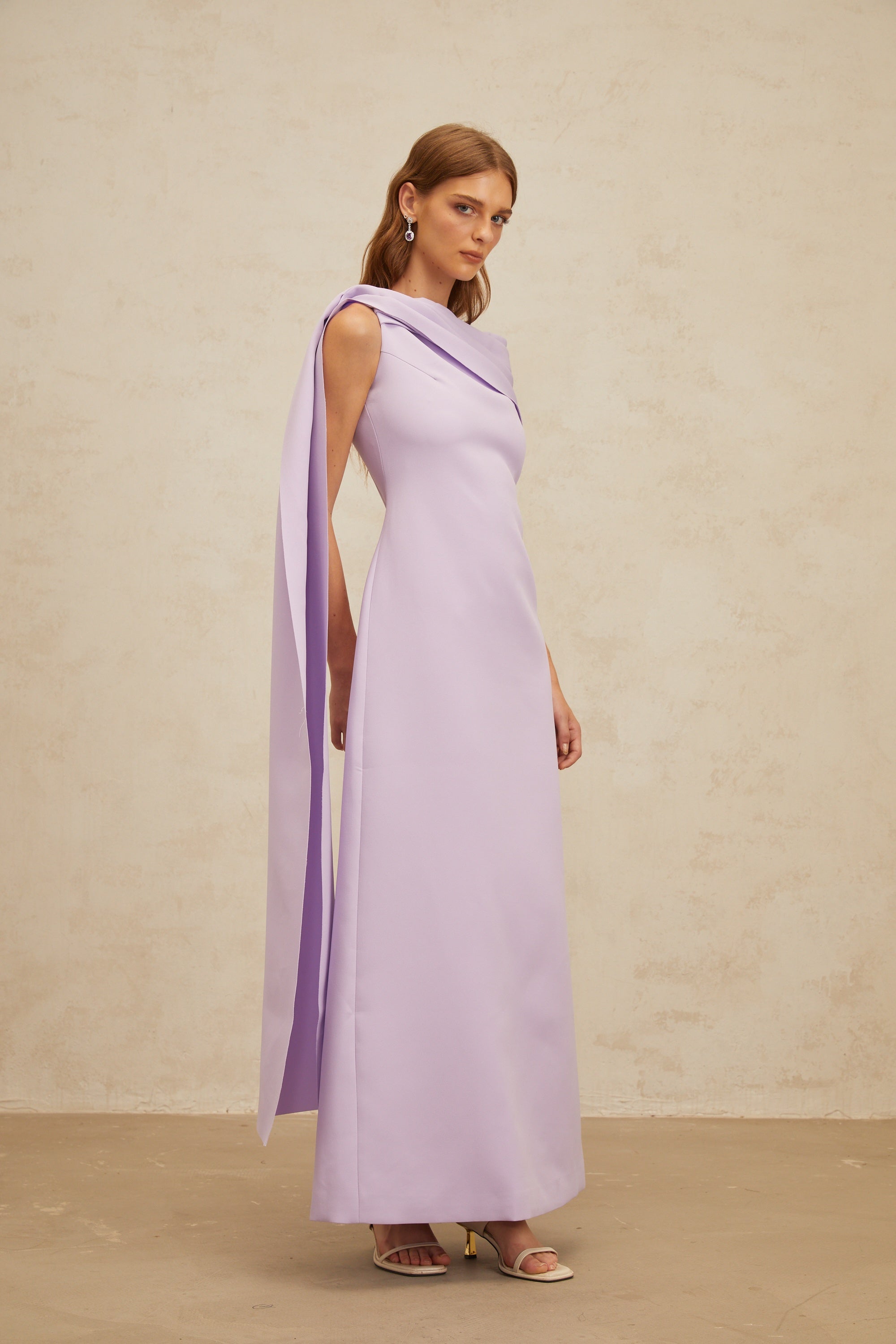 Annabelle Purple Cape-Design Ribbon Maxi Dress (Final Sale-US Only)