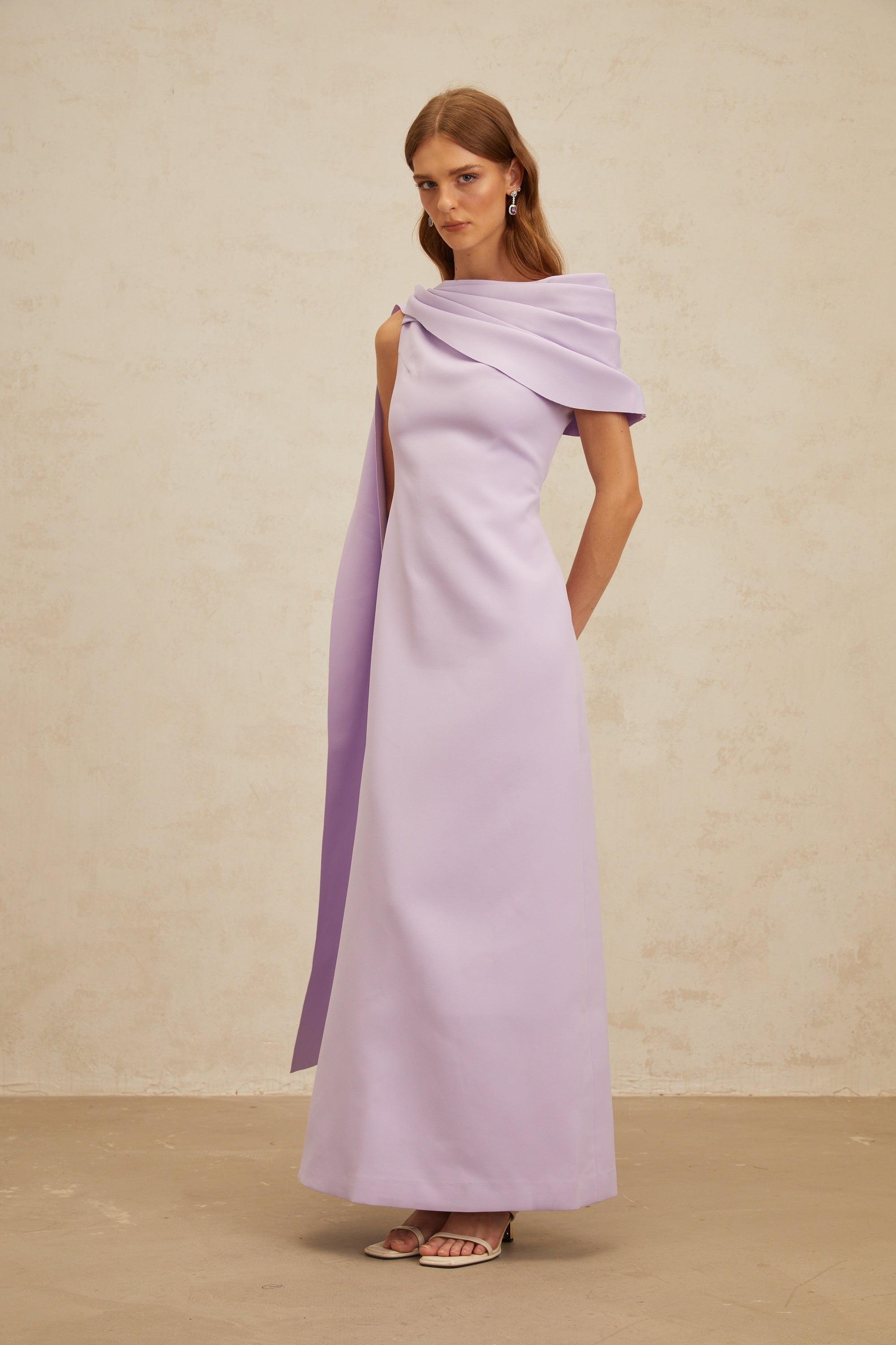 Annabelle Purple Cape-Design Ribbon Maxi Dress (Final Sale-US Only)