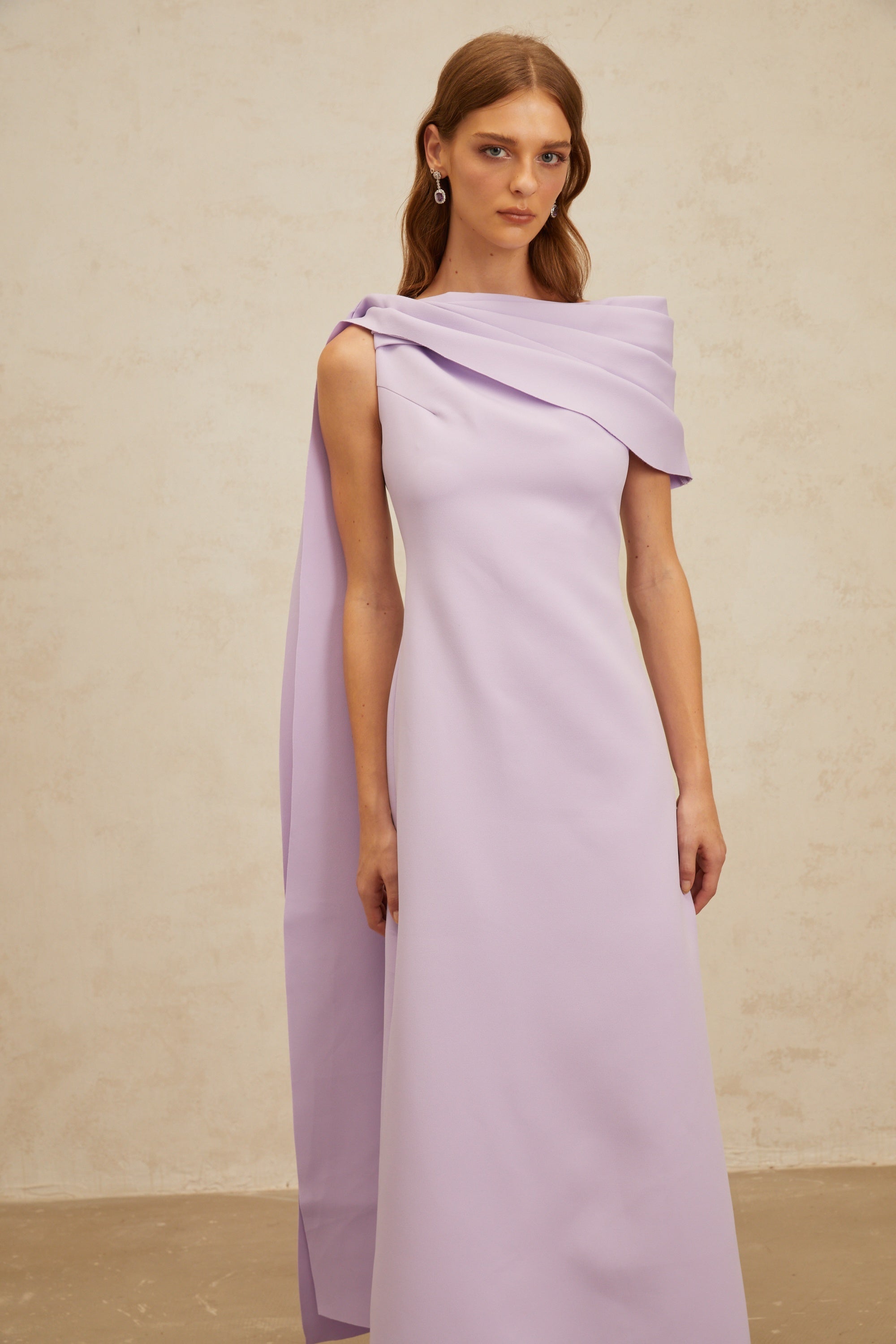 Annabelle Purple Cape-Design Ribbon Maxi Dress (Final Sale-US Only)