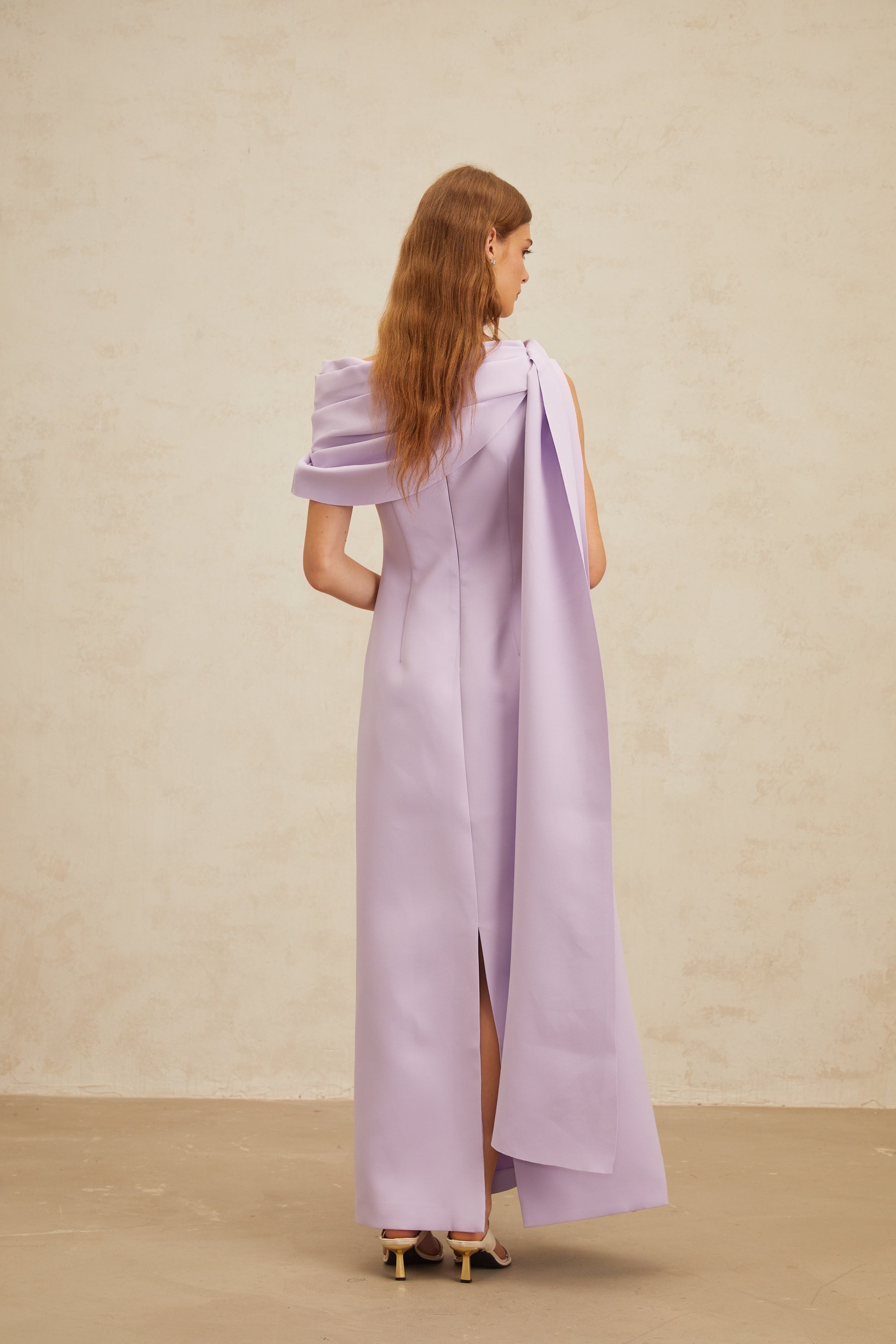 Annabelle Purple Cape-Design Ribbon Maxi Dress (Final Sale-US Only)