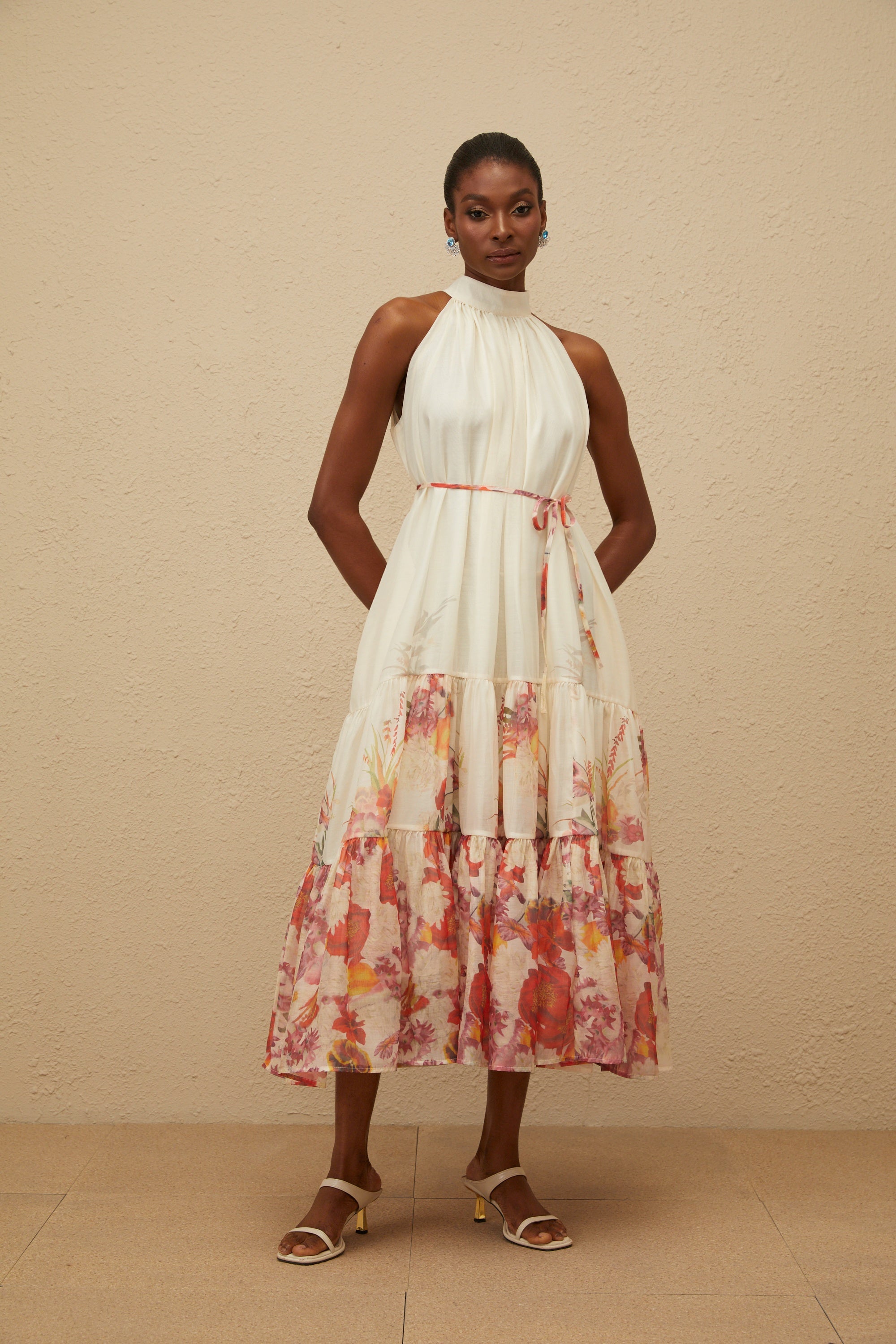 Fleur Neutral Shirred Floral Midi Dress (Final Sale-US Only)