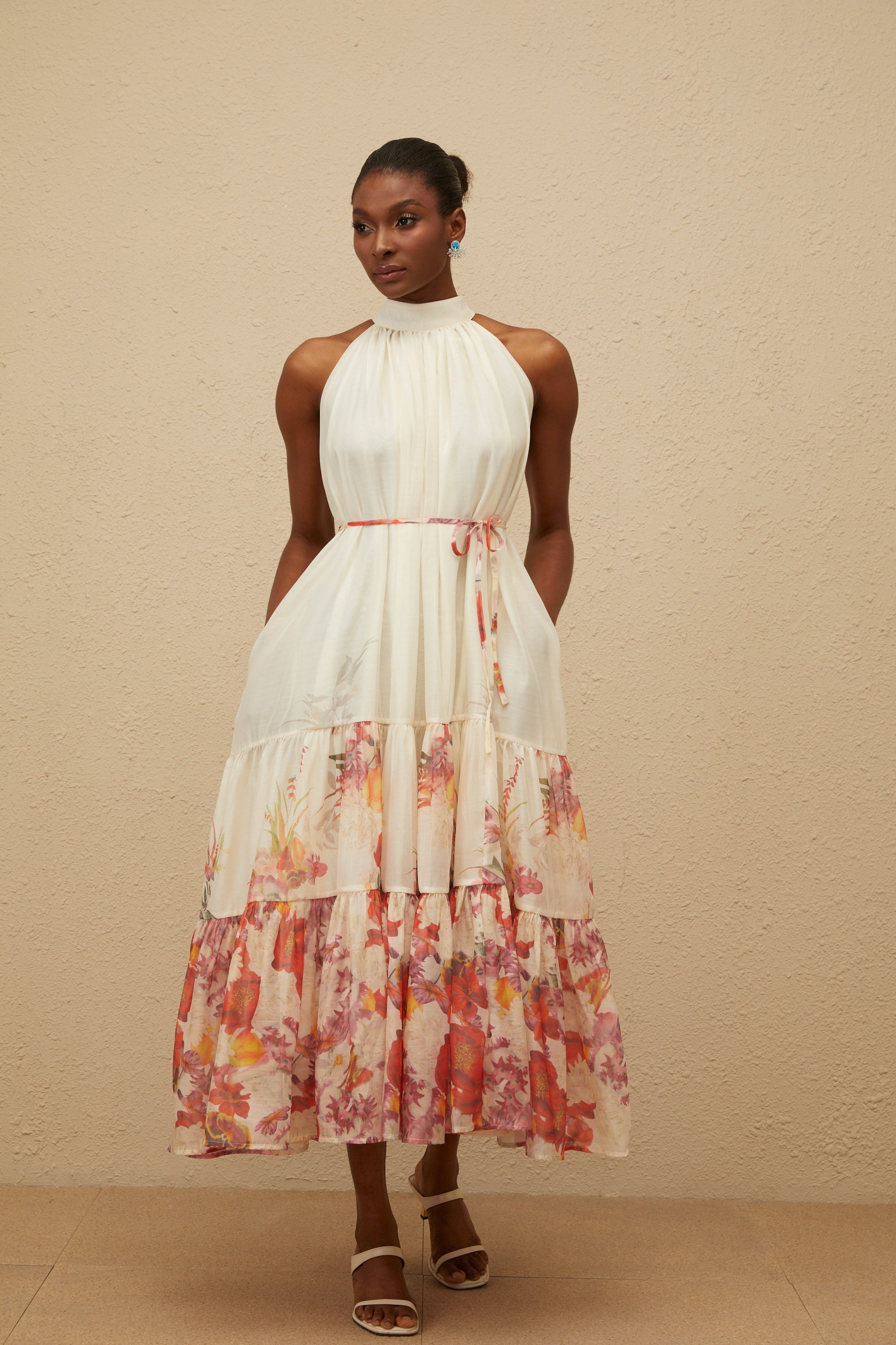 Fleur Neutral Shirred Floral Midi Dress (Final Sale-US Only)