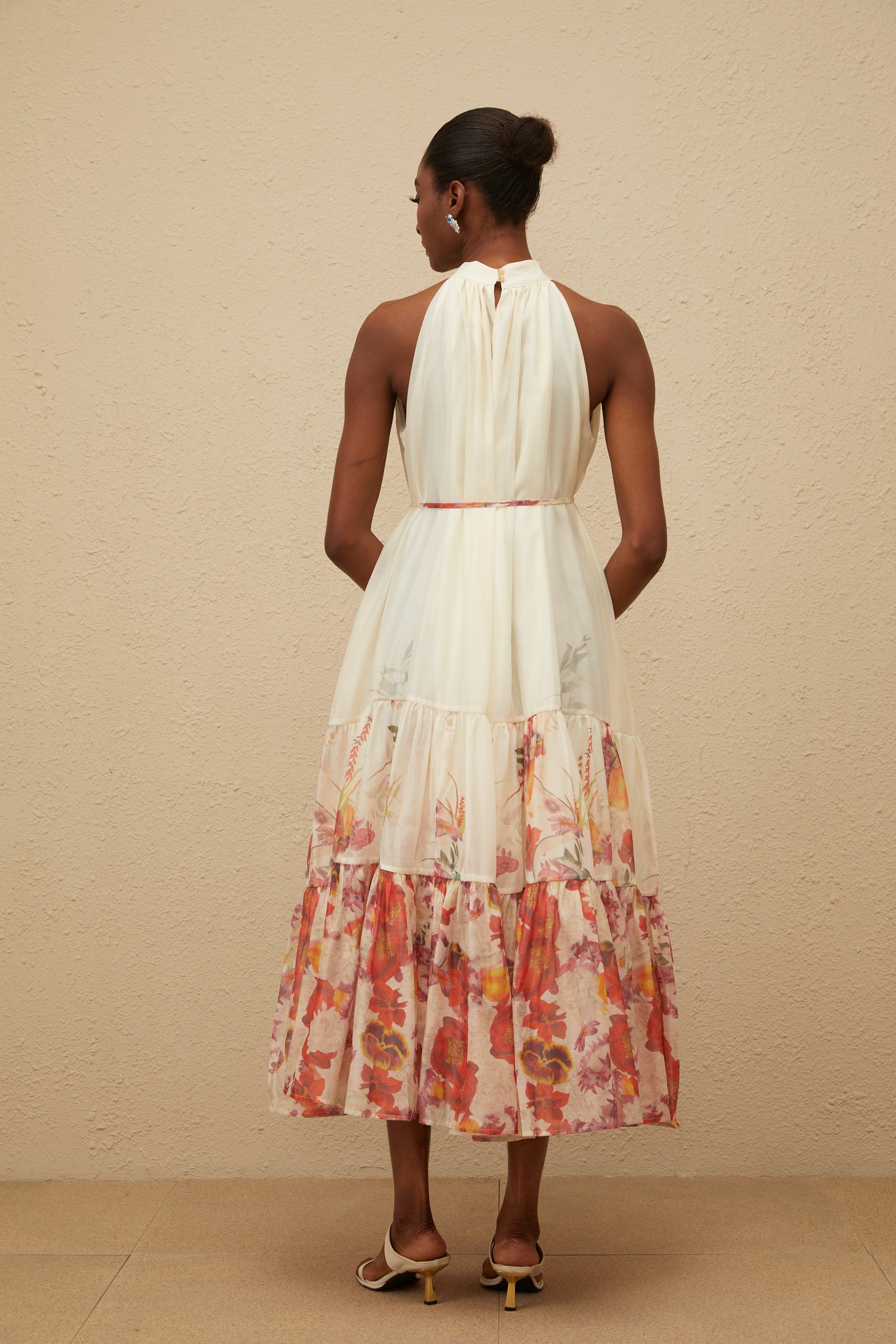 Fleur Neutral Shirred Floral Midi Dress (Final Sale-US Only)