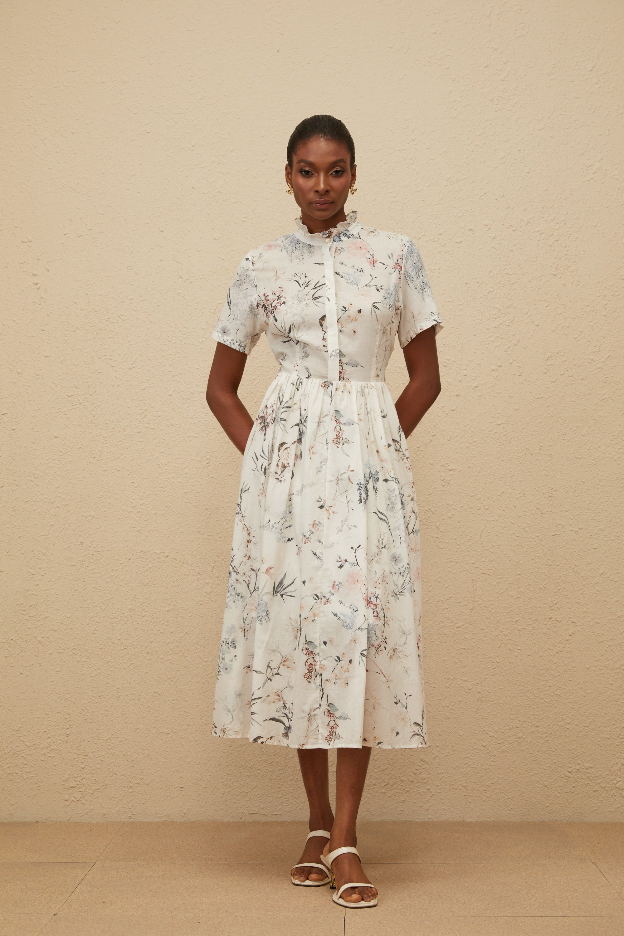 Héloïse White Floral Print Summer Midi Dress (Final Sale)