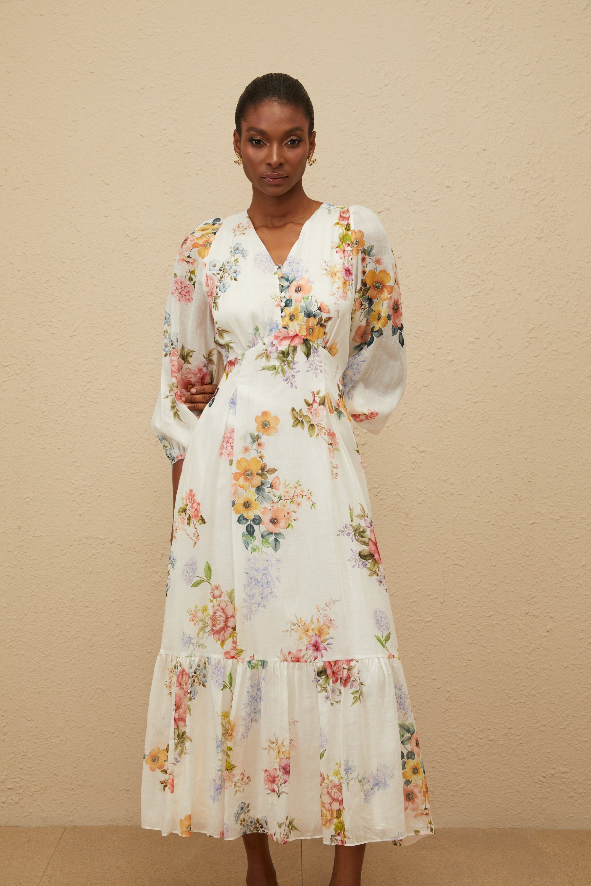 Noémie White Floral Print V-Neck Midi Dress (Final Sale)