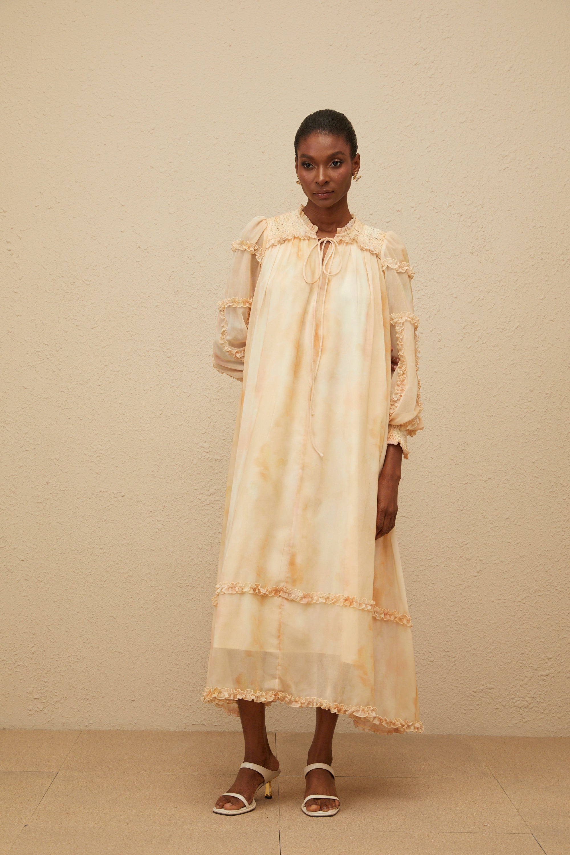 Lecollet Beige Ruffled Tie-Dye Midi Dress (Final Sale-US Only)